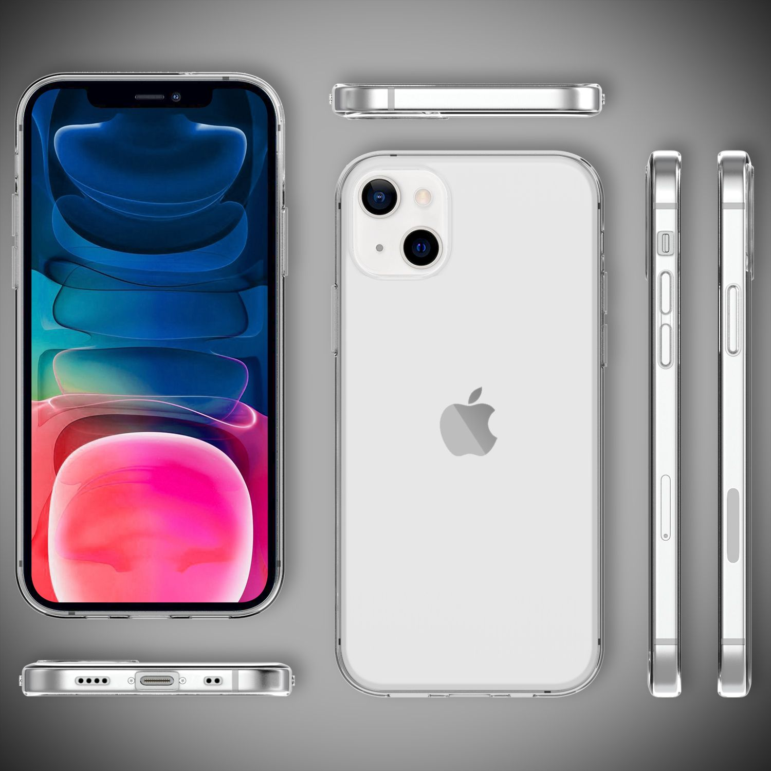 Transparente Handyhülle mit iPhone, Apfellogo auf dem Telefon.