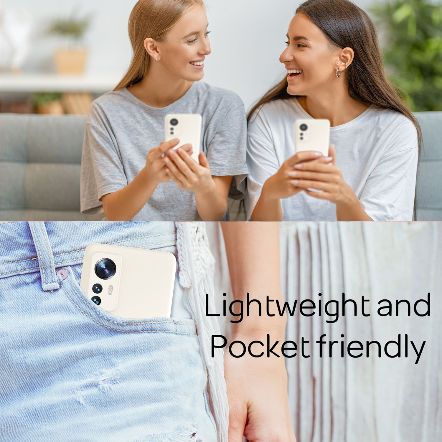 Zwei Frauen mit Handys, eins in der Tasche, Text: Taschenfreundlich.