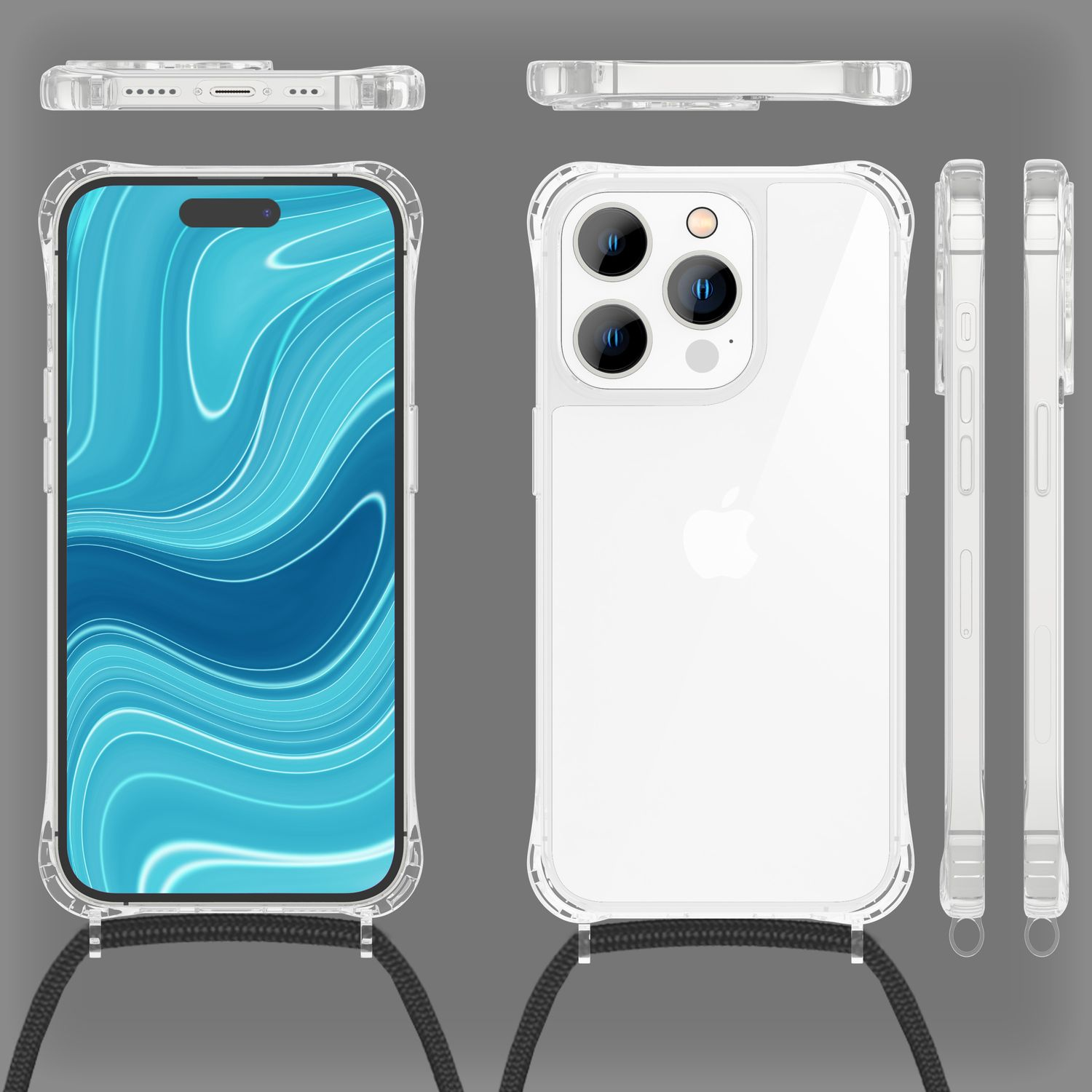 Transparente Handyhülle mit Telefon und Umhängeband, Frau beim Yoga.