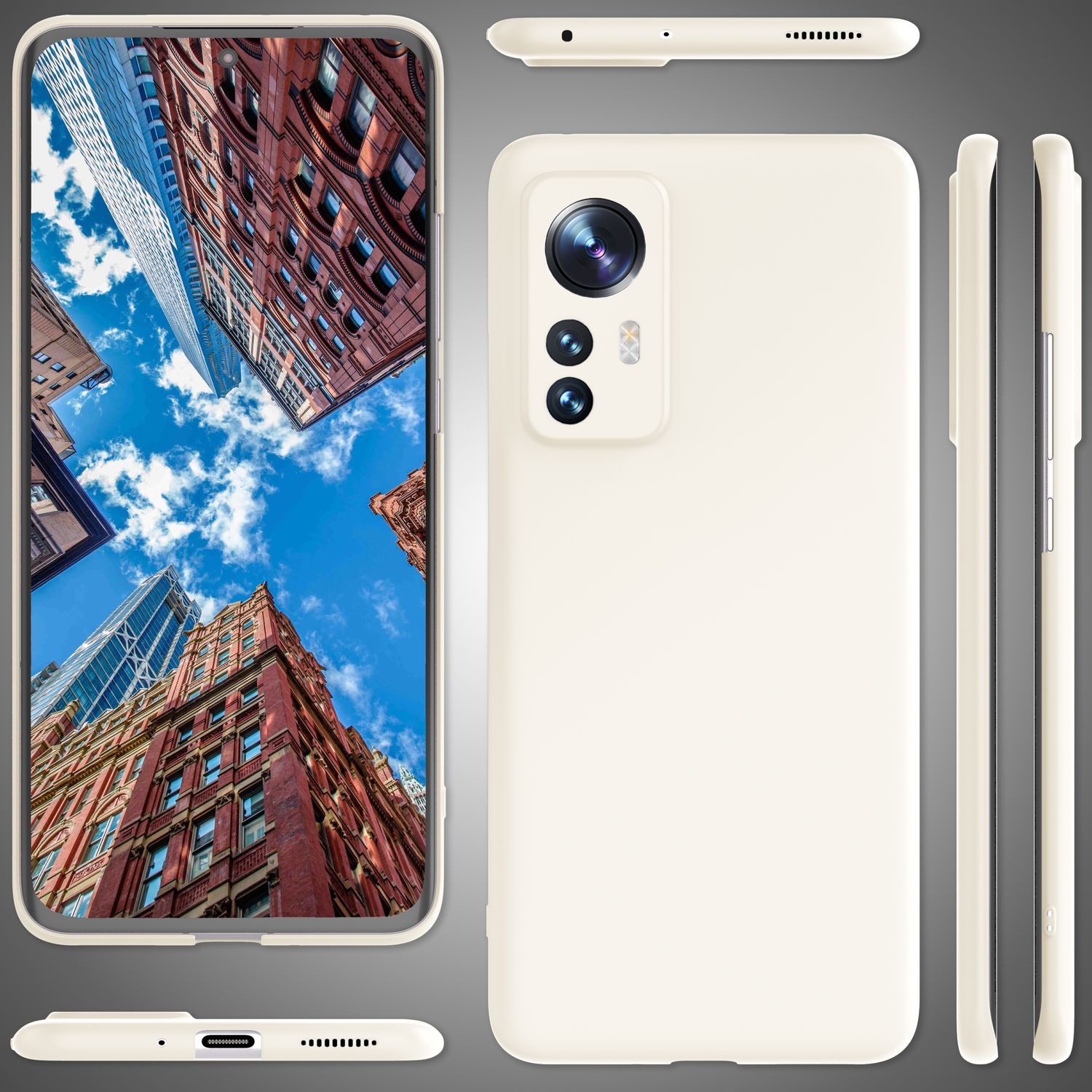 Eine Handyhülle mit einem Handy darin, die das Design und die Kamera zeigt.