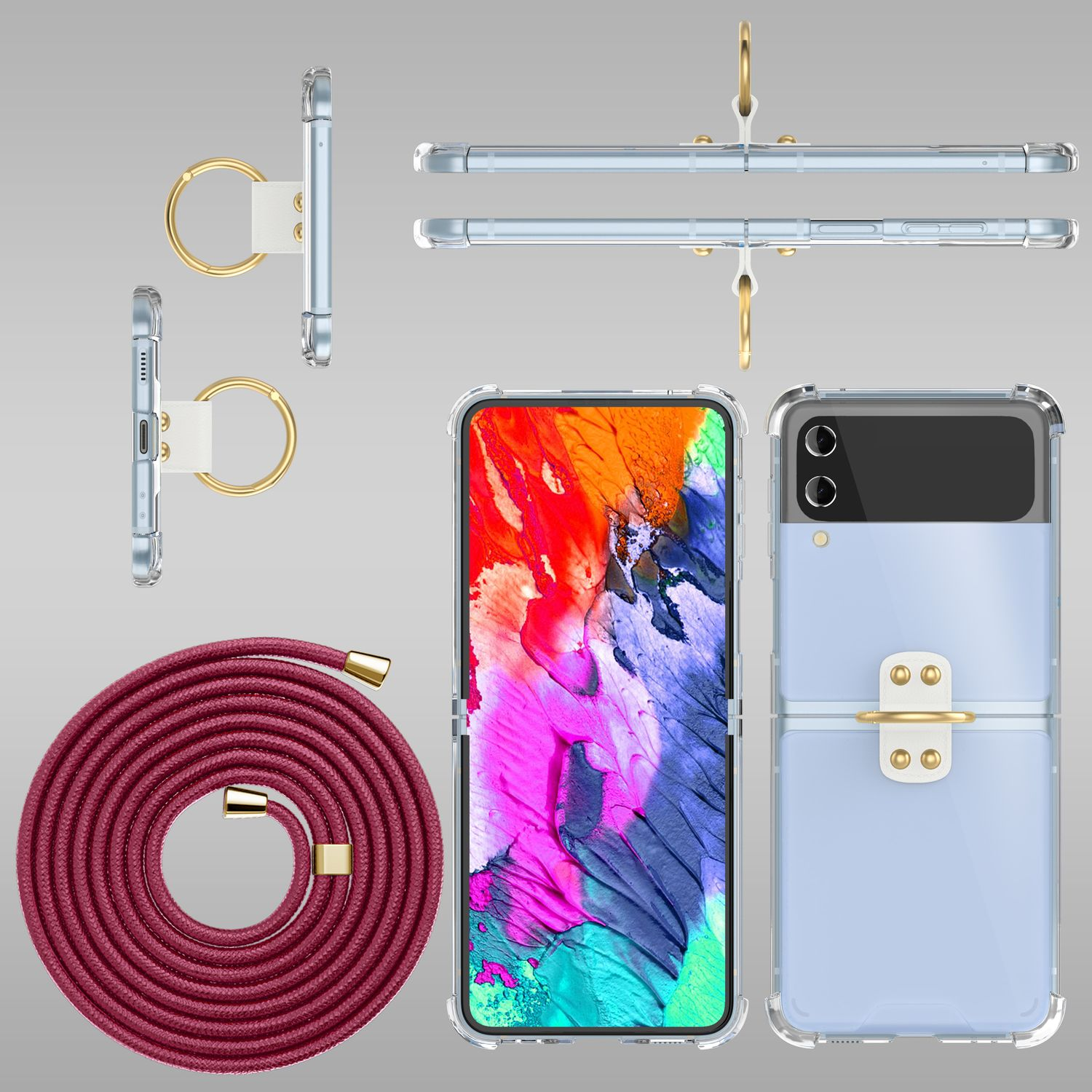 Transparente Handyhülle mit faltbarem Telefon und rotem Umhängeband.