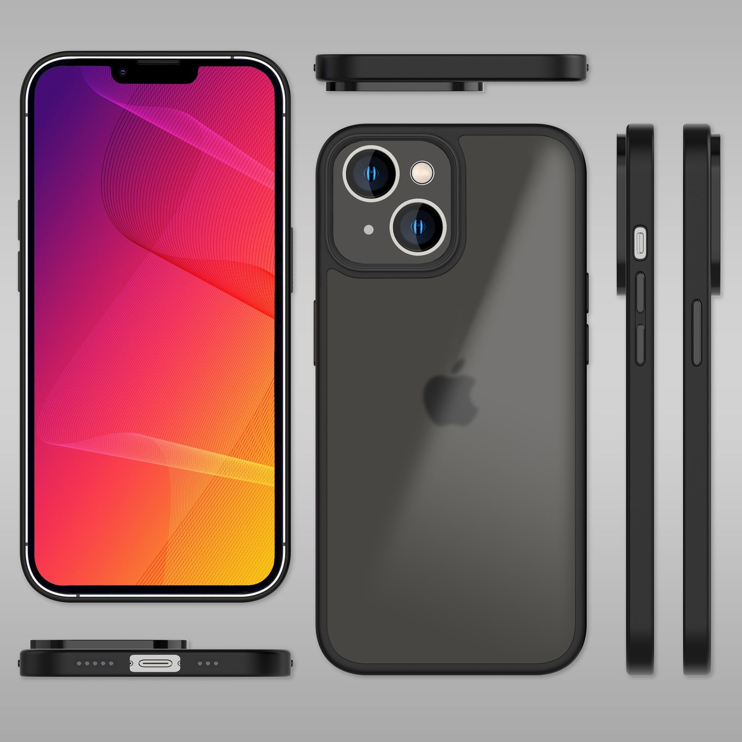 Schwarze Handyhülle mit iPhone, buntem Gradienten-Hintergrund.