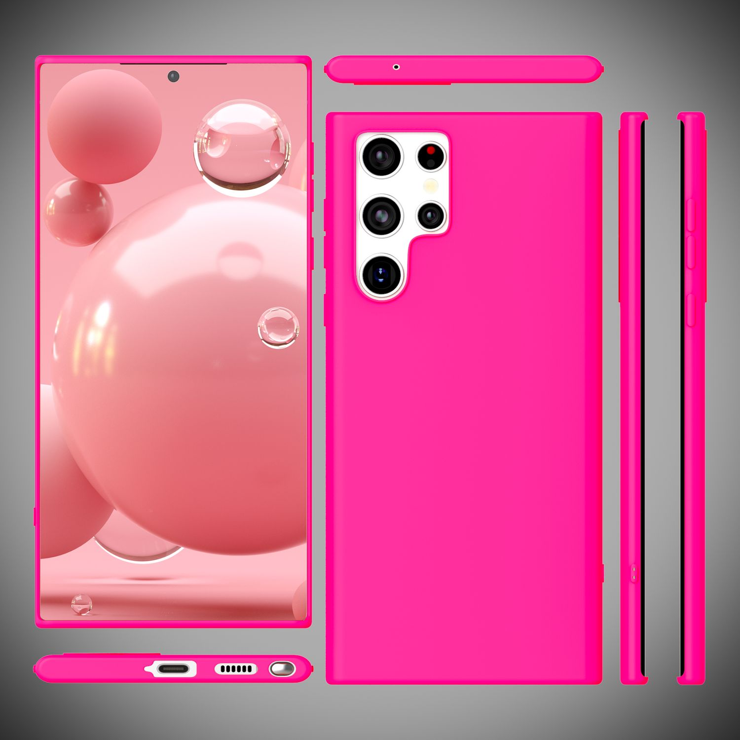 Custodia per telefono rosa con più angolazioni. Mostra lo schermo del telefono con sfere rosa e sfondo.
