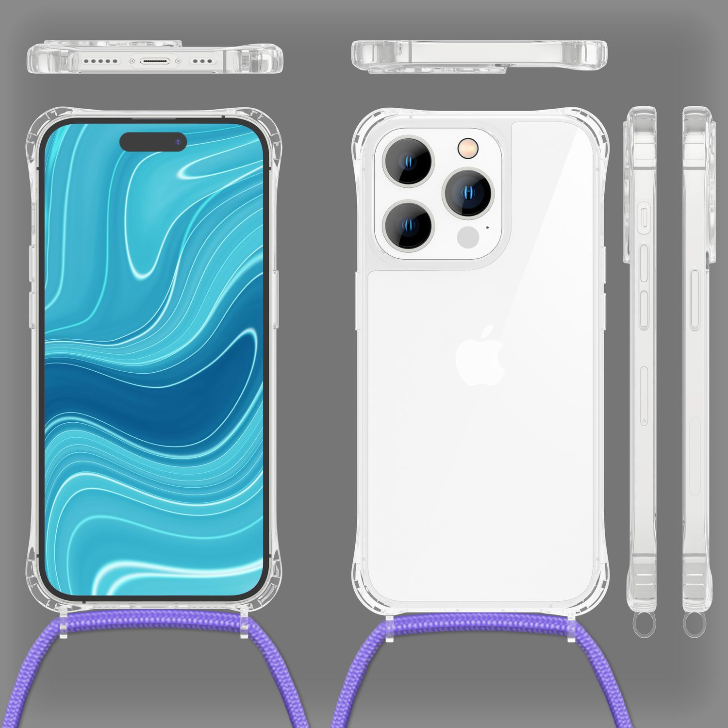 Mehrere Ansichten einer transparenten Handyhülle mit lila Schlüsselband, die ein Telefon zeigt.