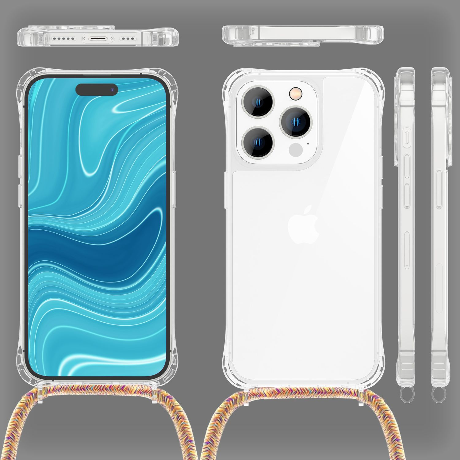 Custodia trasparente per telefono con telefono all'interno, più angolazioni, con un cinturino.