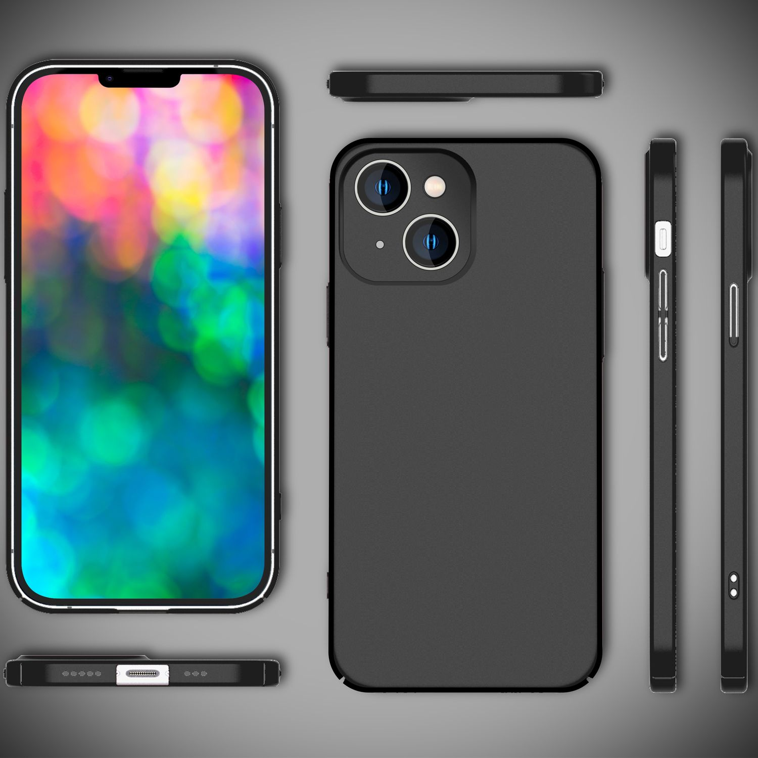 Funda negra para teléfono con teléfono dentro, múltiples ángulos.