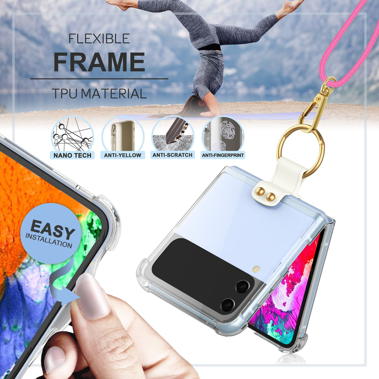 Transparente Handyhülle mit einem Telefon darin, Frau macht Yoga, mehrere Funktionen: Nano-Technik, Anti-Gelb, Anti-Kratzer, Anti-Fingerabdruck.