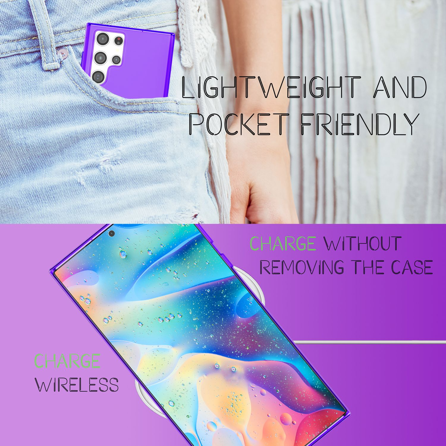 Pantaloncini con telefono viola in tasca. Testo: Leggero e tascabile.