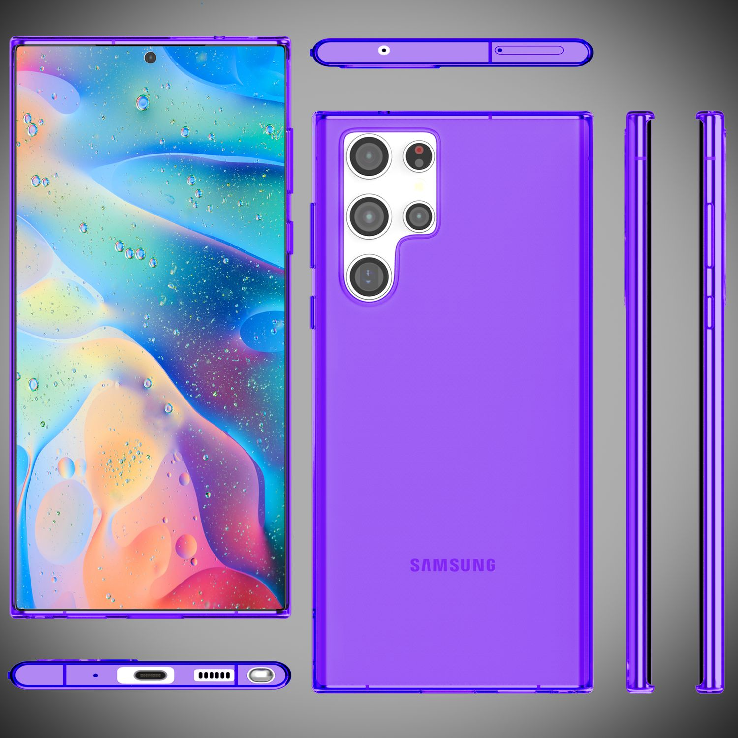 Telefono viola con più lenti della fotocamera e custodia trasparente bordata di viola su sfondo viola.