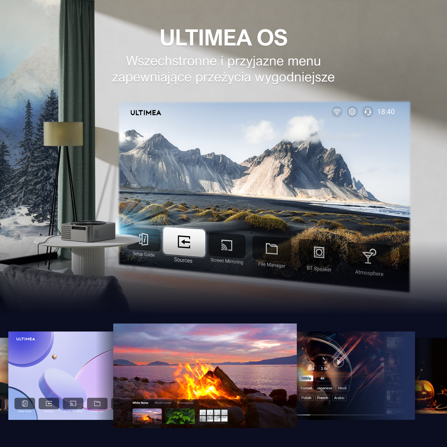 Salon z projektorem wyświetlającym obraz na ścianie. Na ekranie znajdują się ikony.