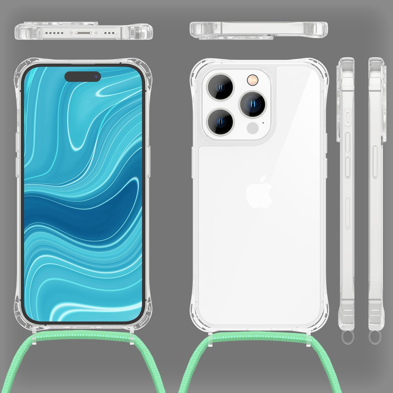 Smartphone in durchsichtiger Hülle mit grünem Nackengurt. Mehrere Ansichten des Telefons. Weißer Hintergrund.