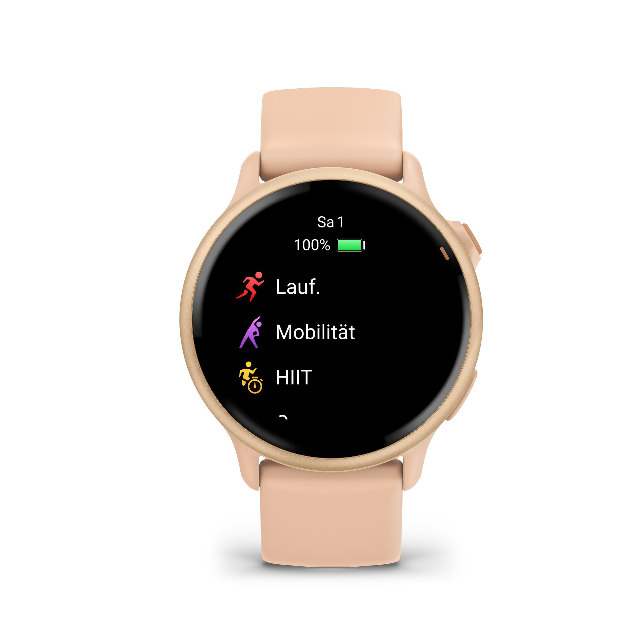 Reloj inteligente rosa muestra opciones de ejercicio: Correr, Movilidad, HIIT. Batería al 100%.