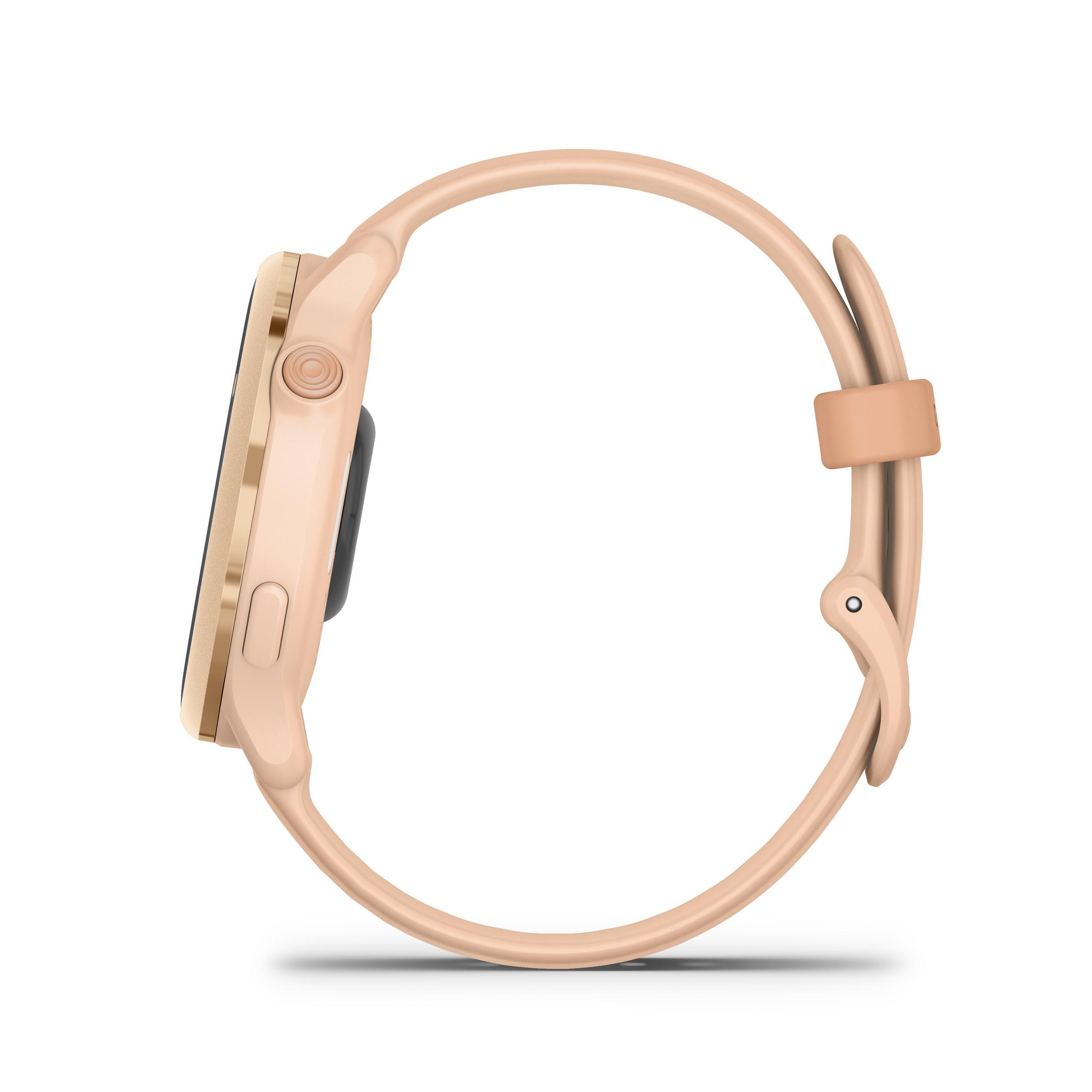 Smartwatch oro rosa, vista lateral, mostrando la correa y el botón lateral.