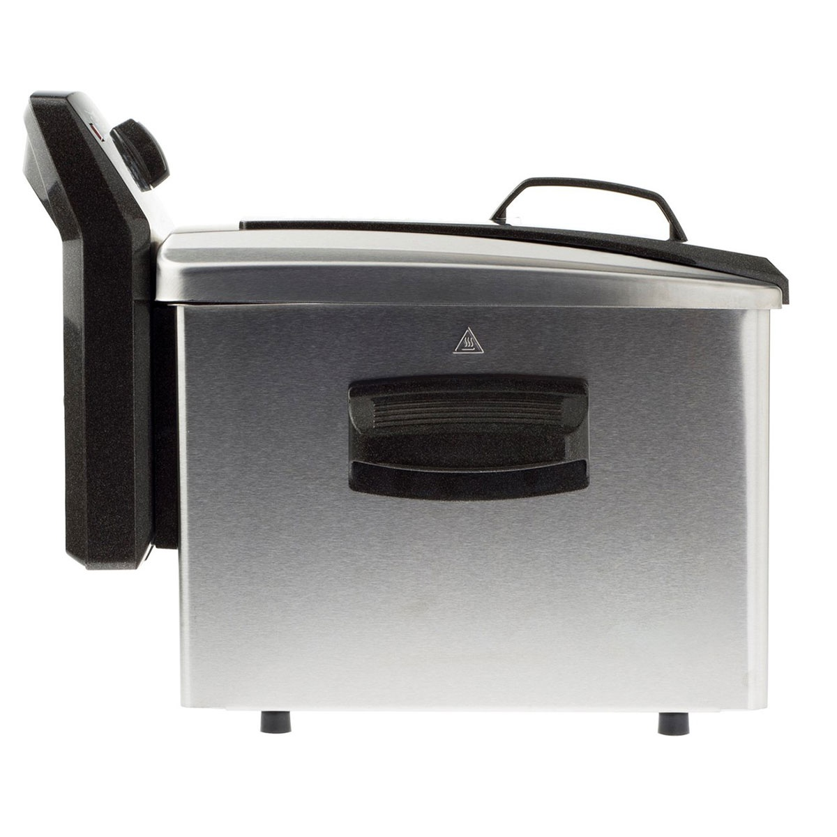 Silver deep fryer, side view. Showing the side panel and control panel.