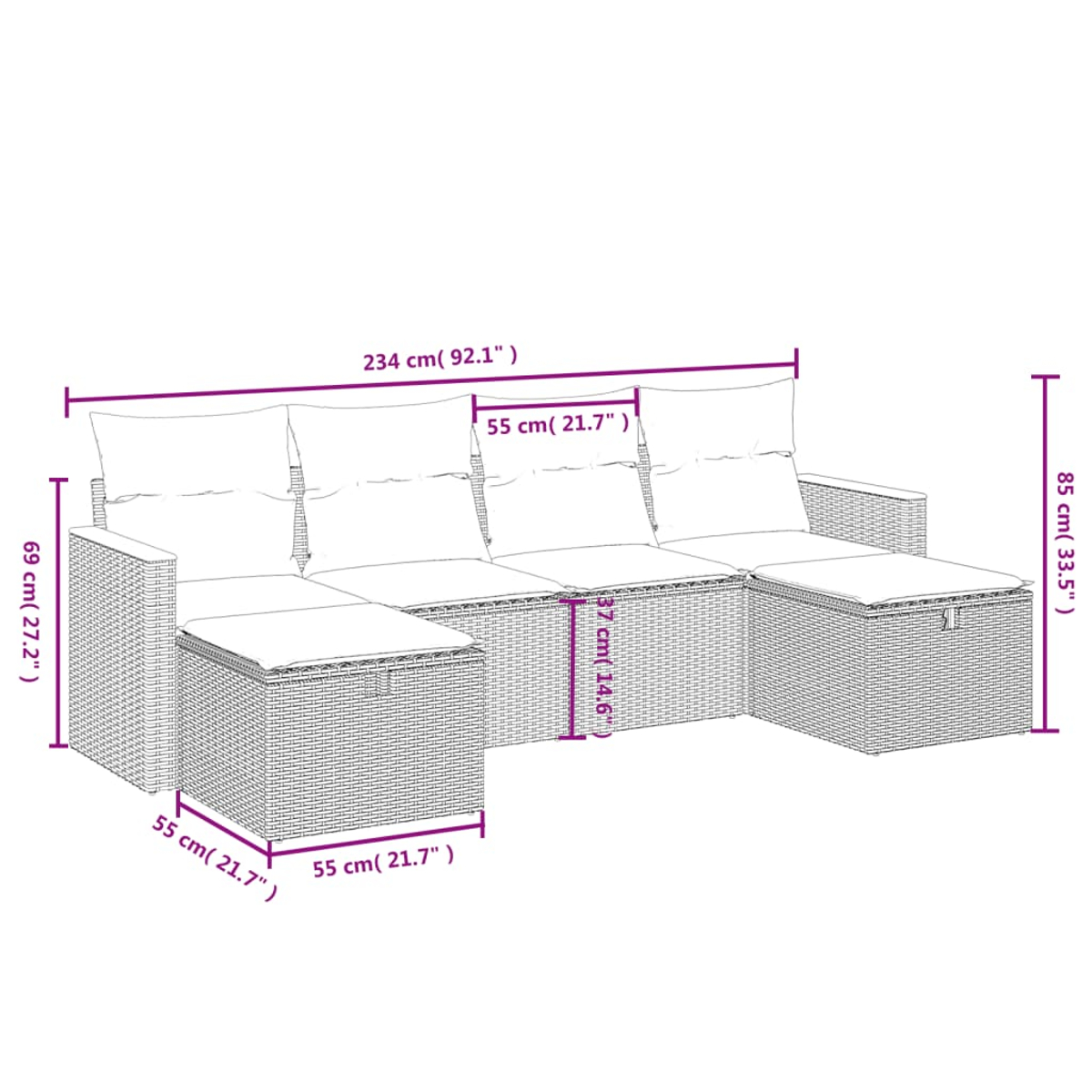 Ein Diagramm zeigt ein graues Rattan-Außensofa mit den Maßen: 234 cm lang, 85 cm hoch, 69 cm Sitzhöhe und 55 cm breit.