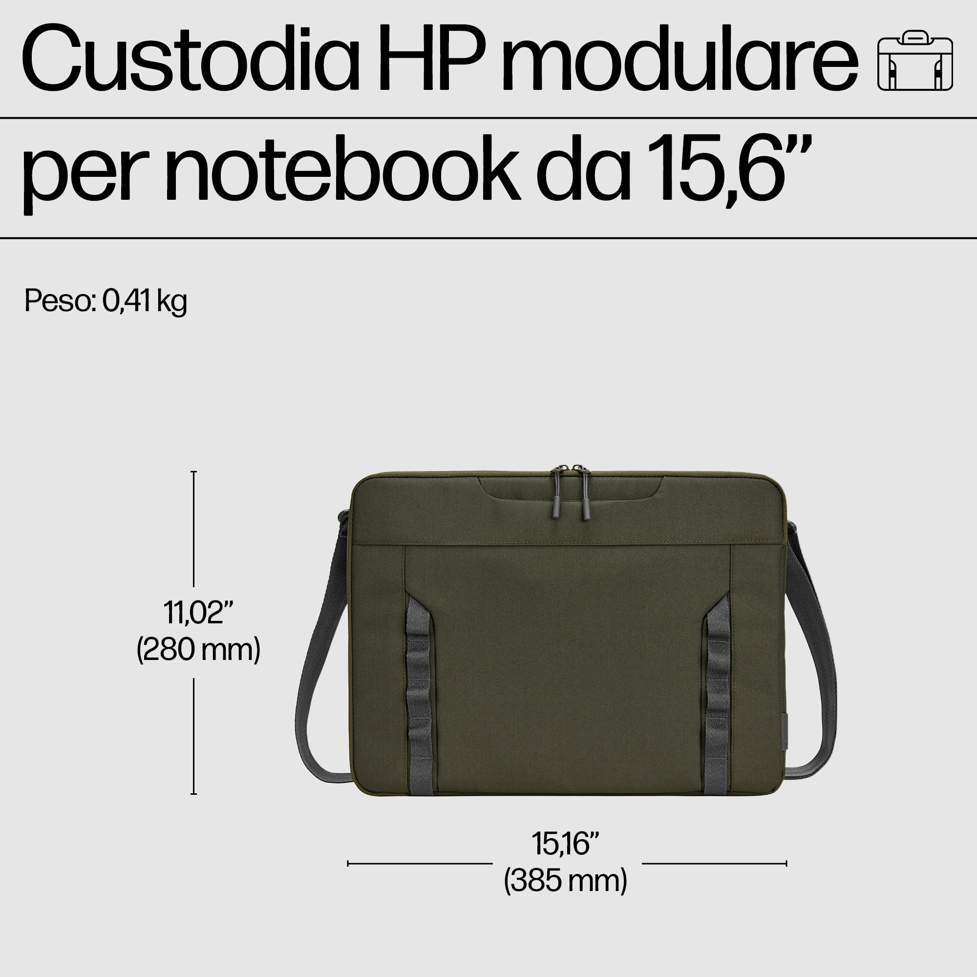 Borsa per laptop nera con dimensioni. Testo: Custodia modulare HP per notebook da 15,6 pollici.