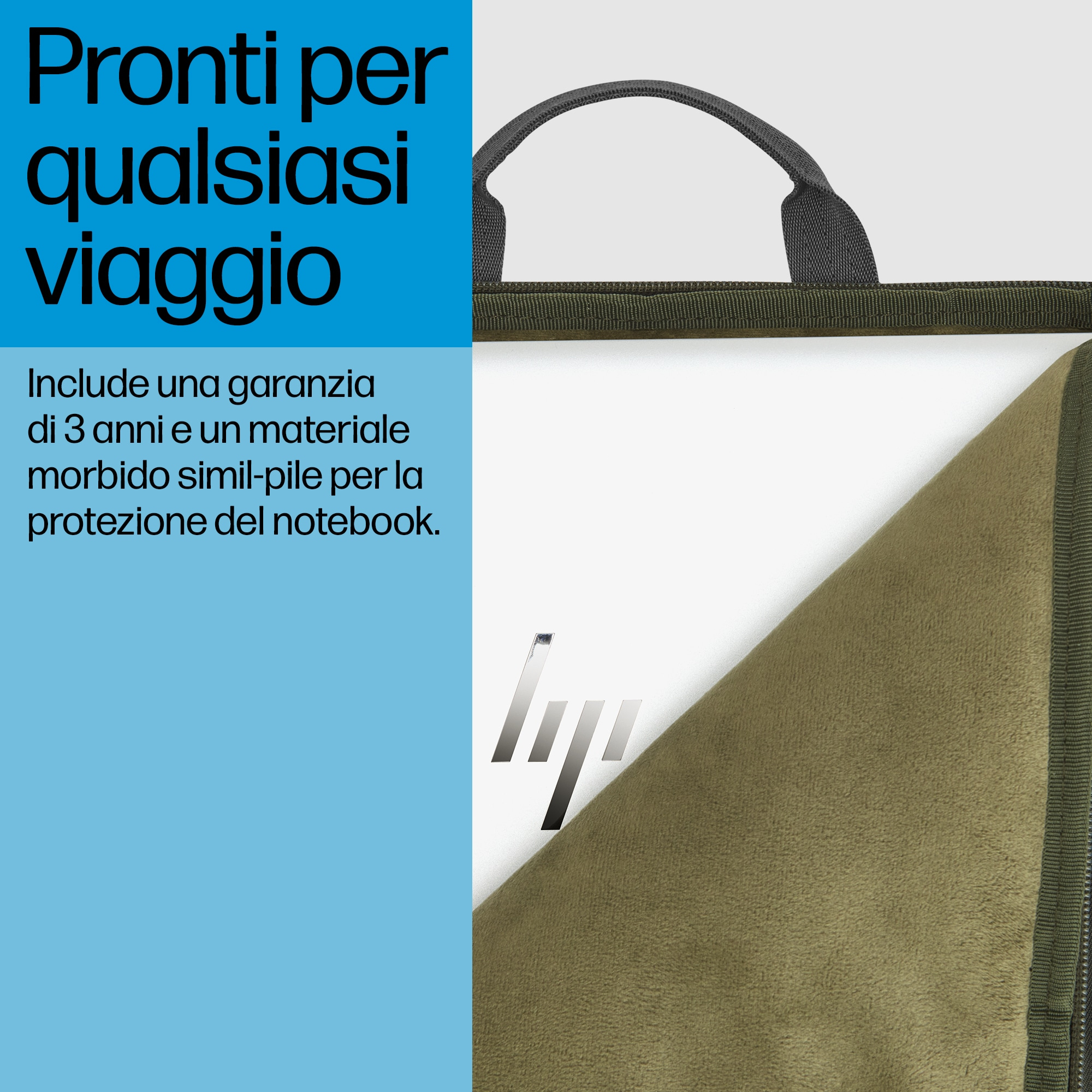 Custodia per laptop verde oliva con manico. Testo: Pronti per qualsiasi viaggio. Include 3 anni di garanzia.
