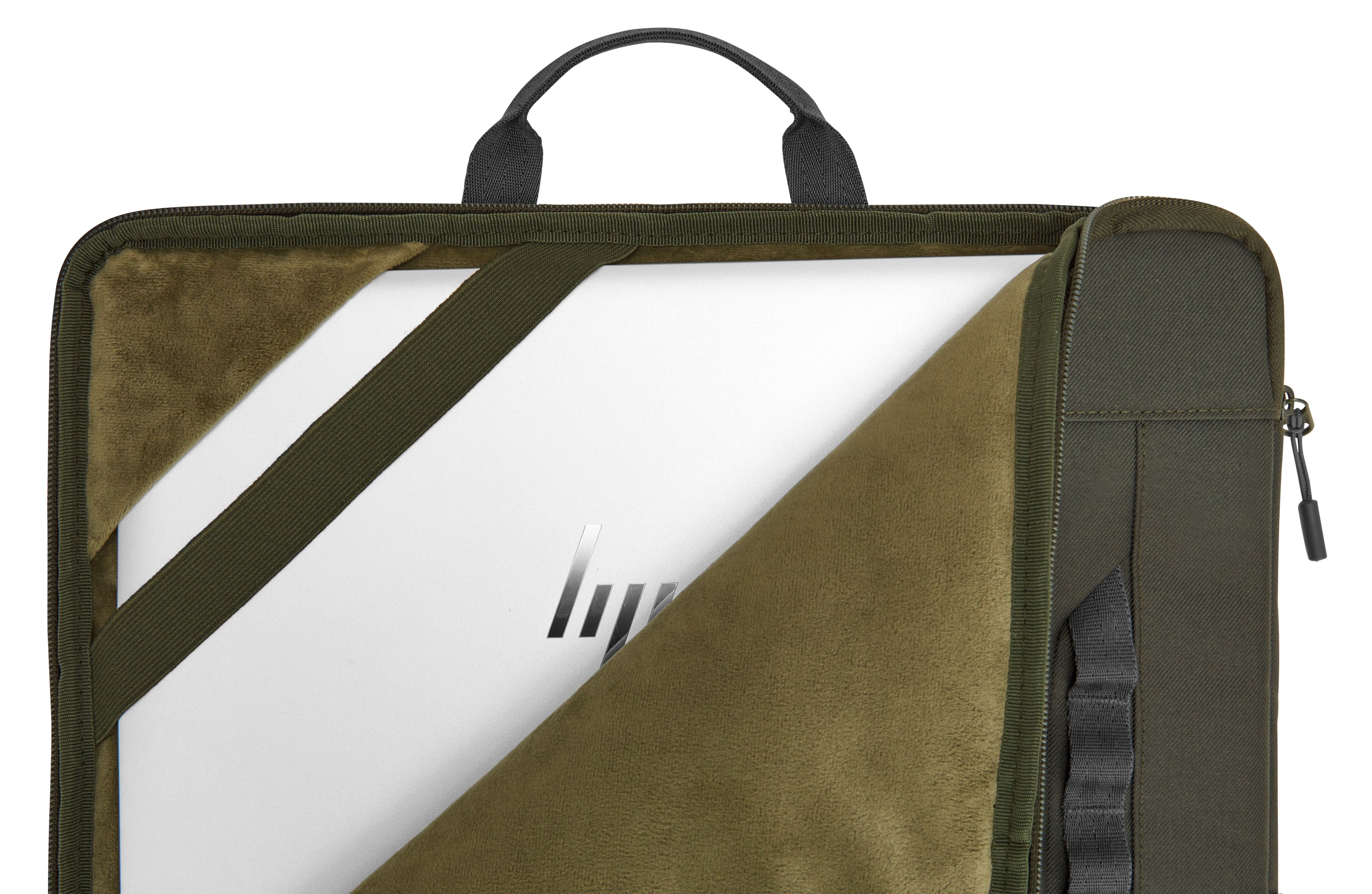 Un laptop bianco in una borsa verde. La borsa è aperta.