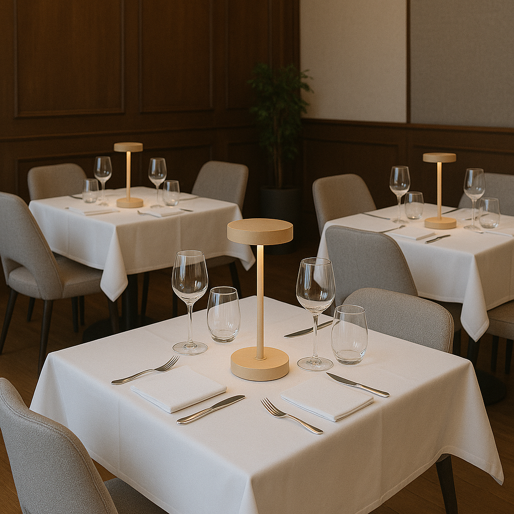 Restaurant-Tisch mit weißer Tischdecke, Gläsern und einer modernen Lampe.
