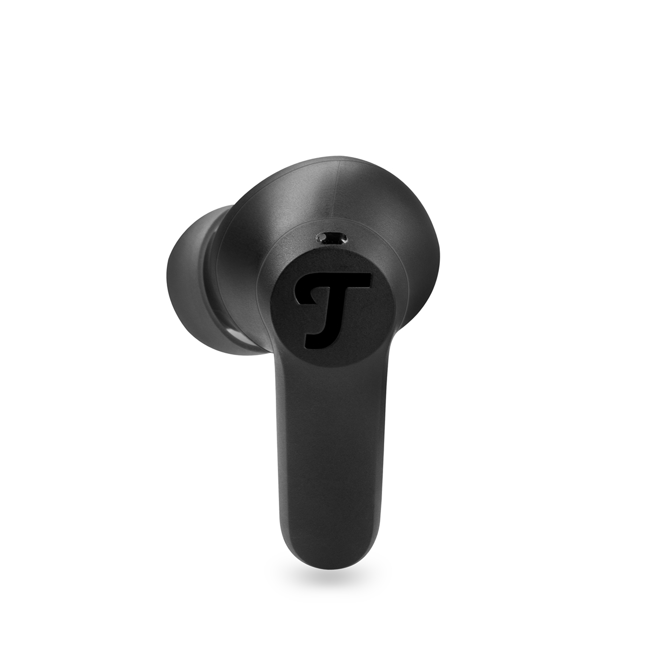 Zwarte oortelefoon met 'T' logo, schuin. Witte achtergrond.