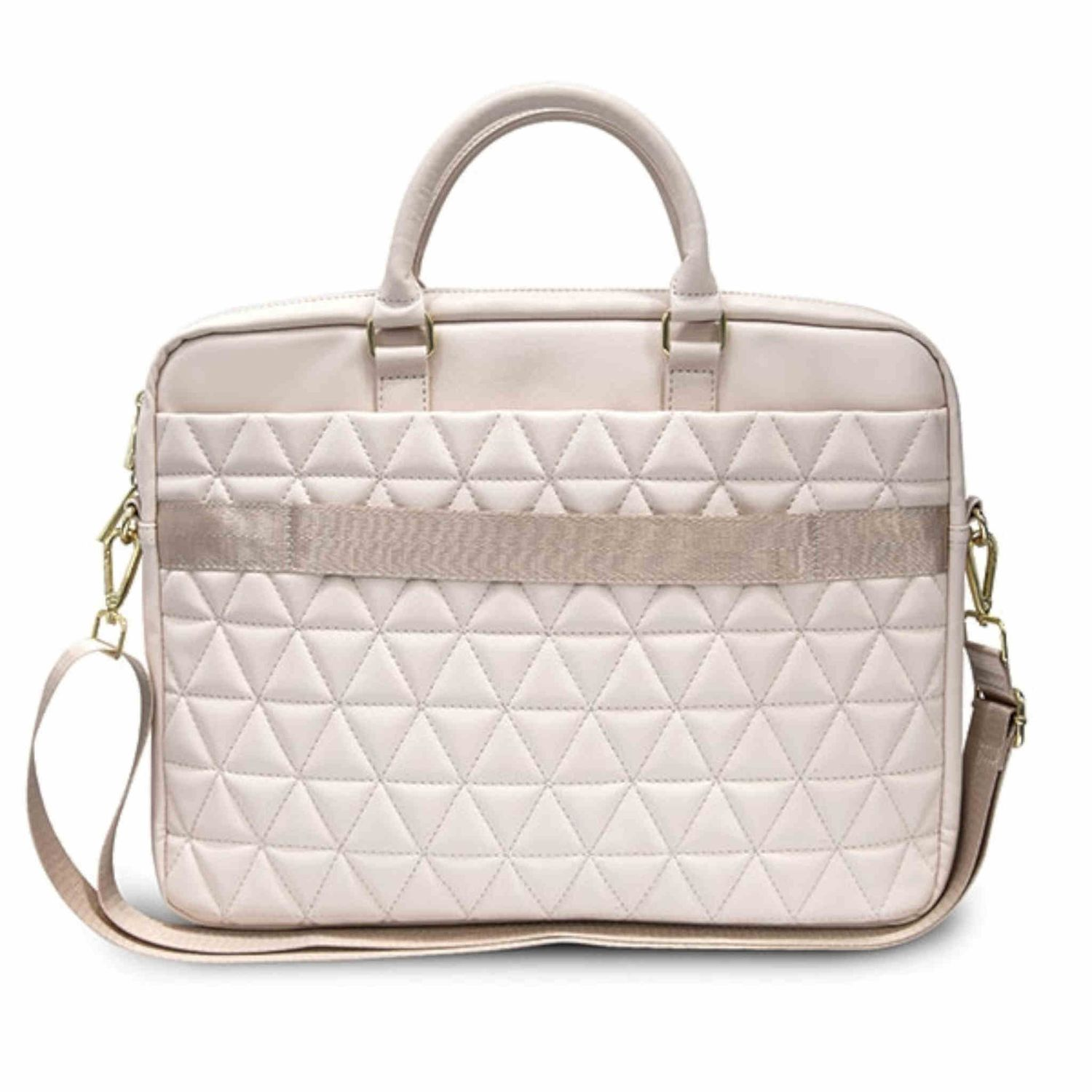 Borsa beige trapuntata con manico e tracolla. Sfondo bianco.
