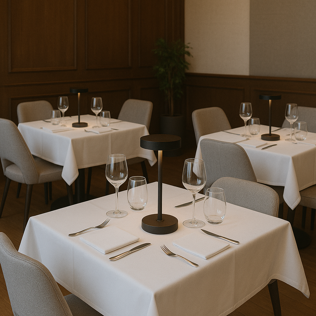 Restauranttische mit weißen Tischdecken, Lampen und Weingläsern.