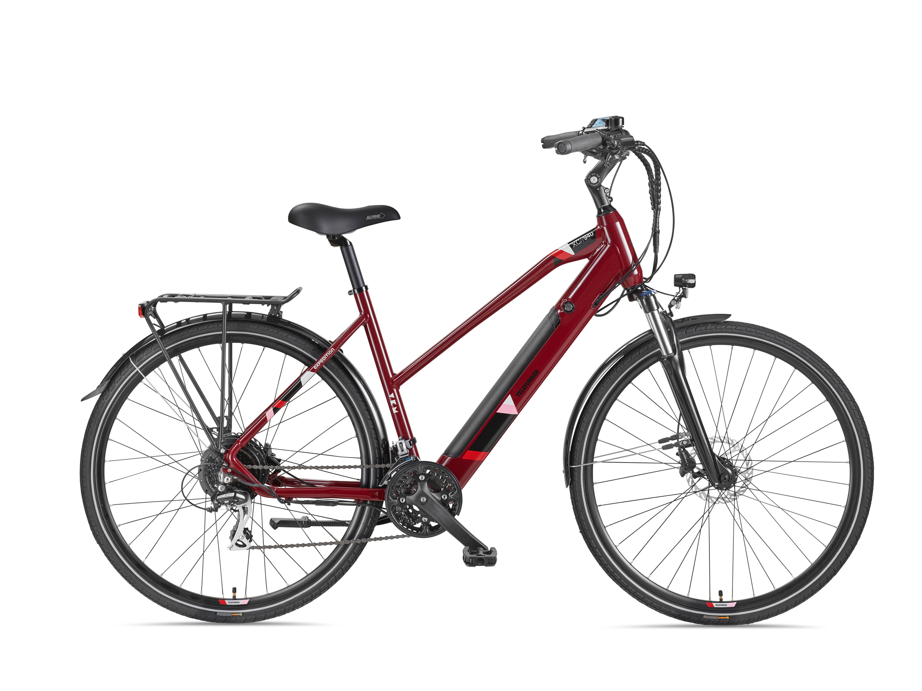 Seitenansicht eines roten E-Bikes mit schwarzen Reifen und Sitz auf weißem Hintergrund.