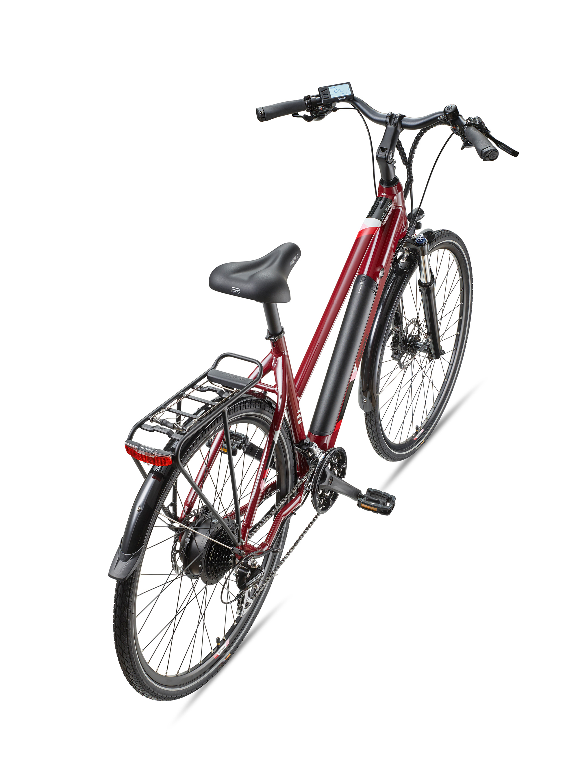 Rotes Elektrofahrrad mit schwarzem Sitz, Gepäckträger und Akku.