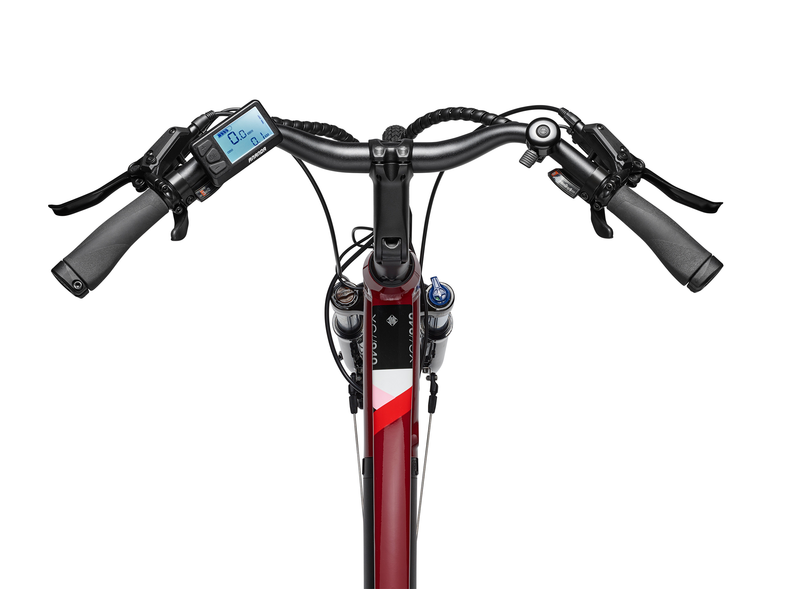 Draufsicht auf E-Bike-Lenker, Display und Rahmen.