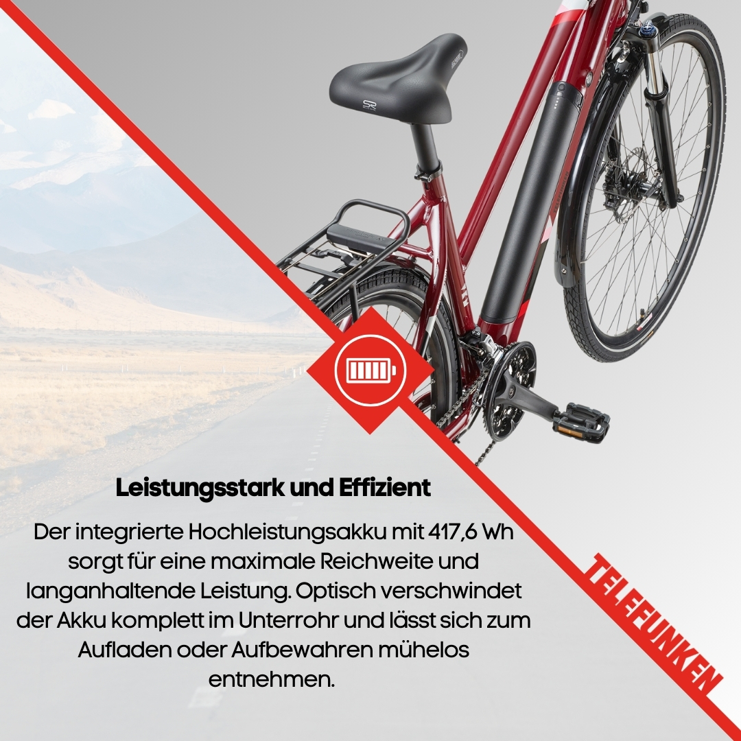 Rotes Elektrofahrrad mit Textüberlagerung, Akkusymbol und Leistungsdetails.