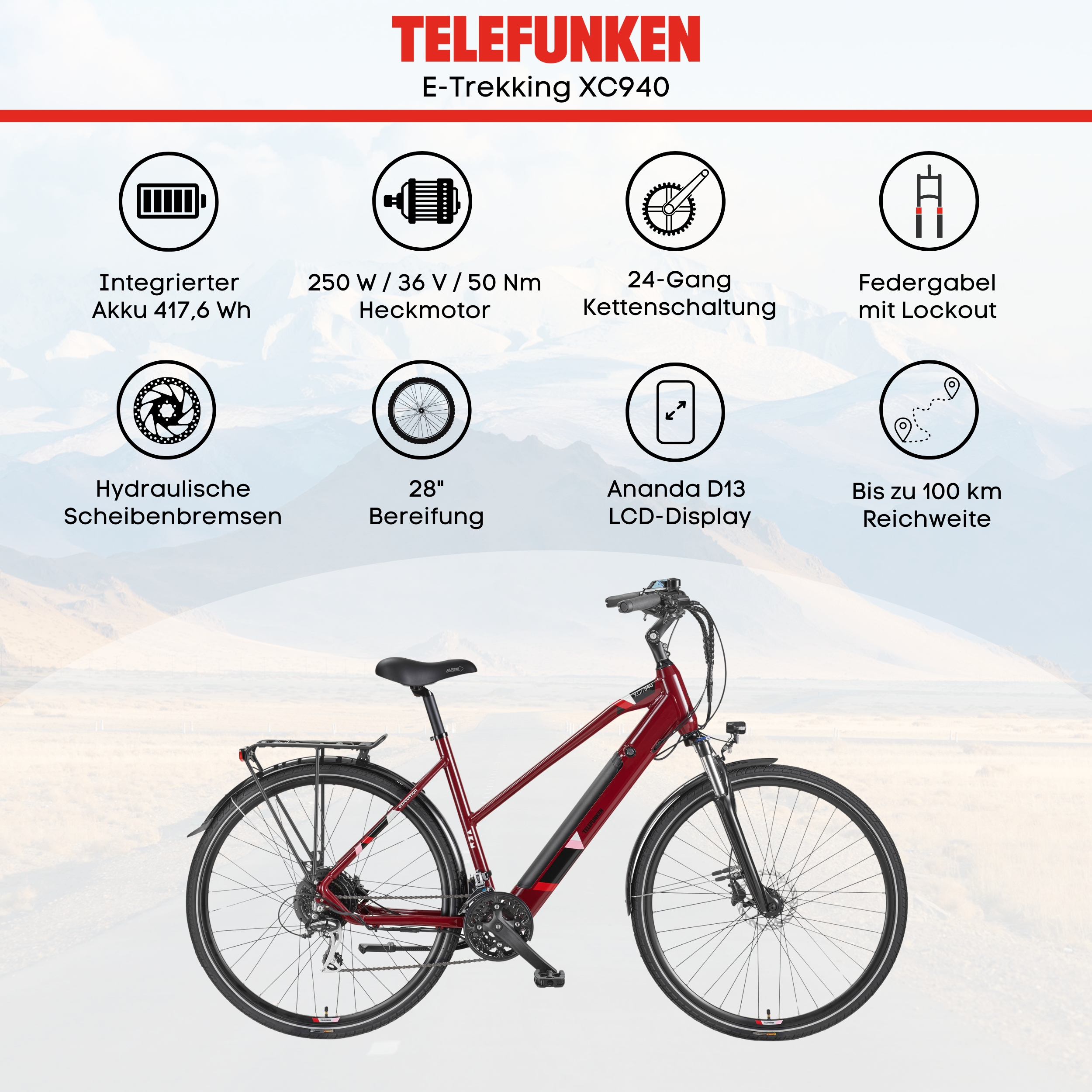 Ein rotes E-Trekking-Fahrrad mit Text über Funktionen und Komponenten.