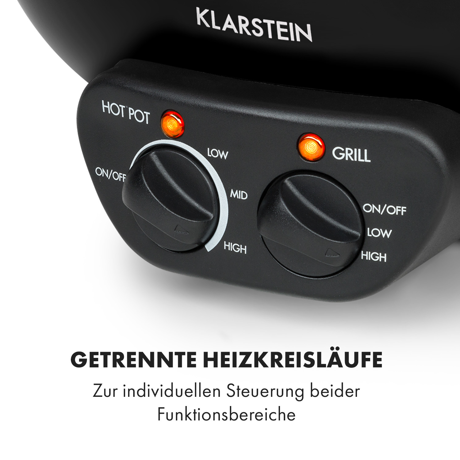 Nahaufnahme des Klarstein Hot Pot Bedienfelds, zeigt Drehregler für Hot Pot und Grill.