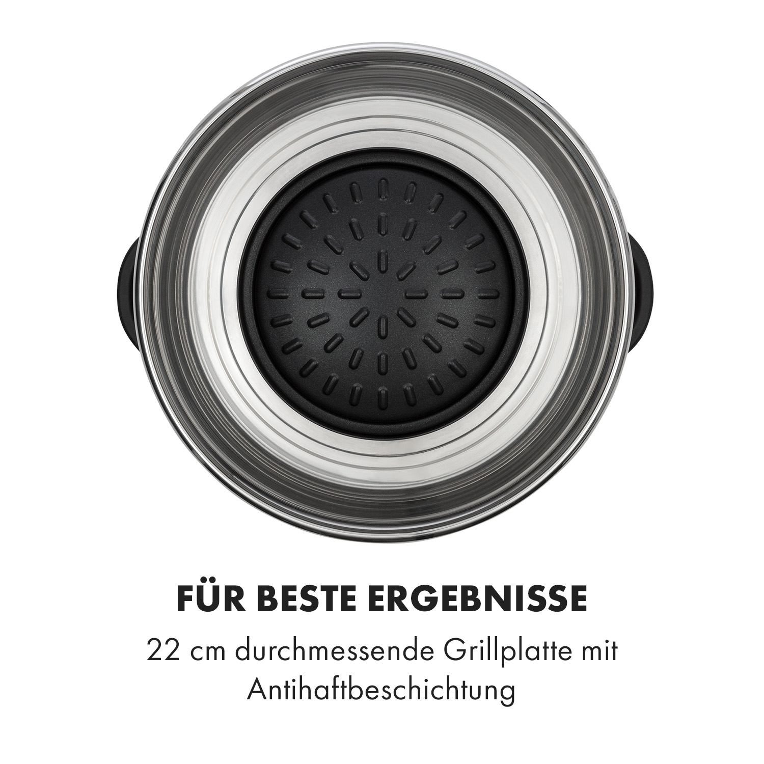 Eine Edelstahl-Griddle mit schwarzer Antihaft-Oberfläche, Draufsicht. Text darunter.