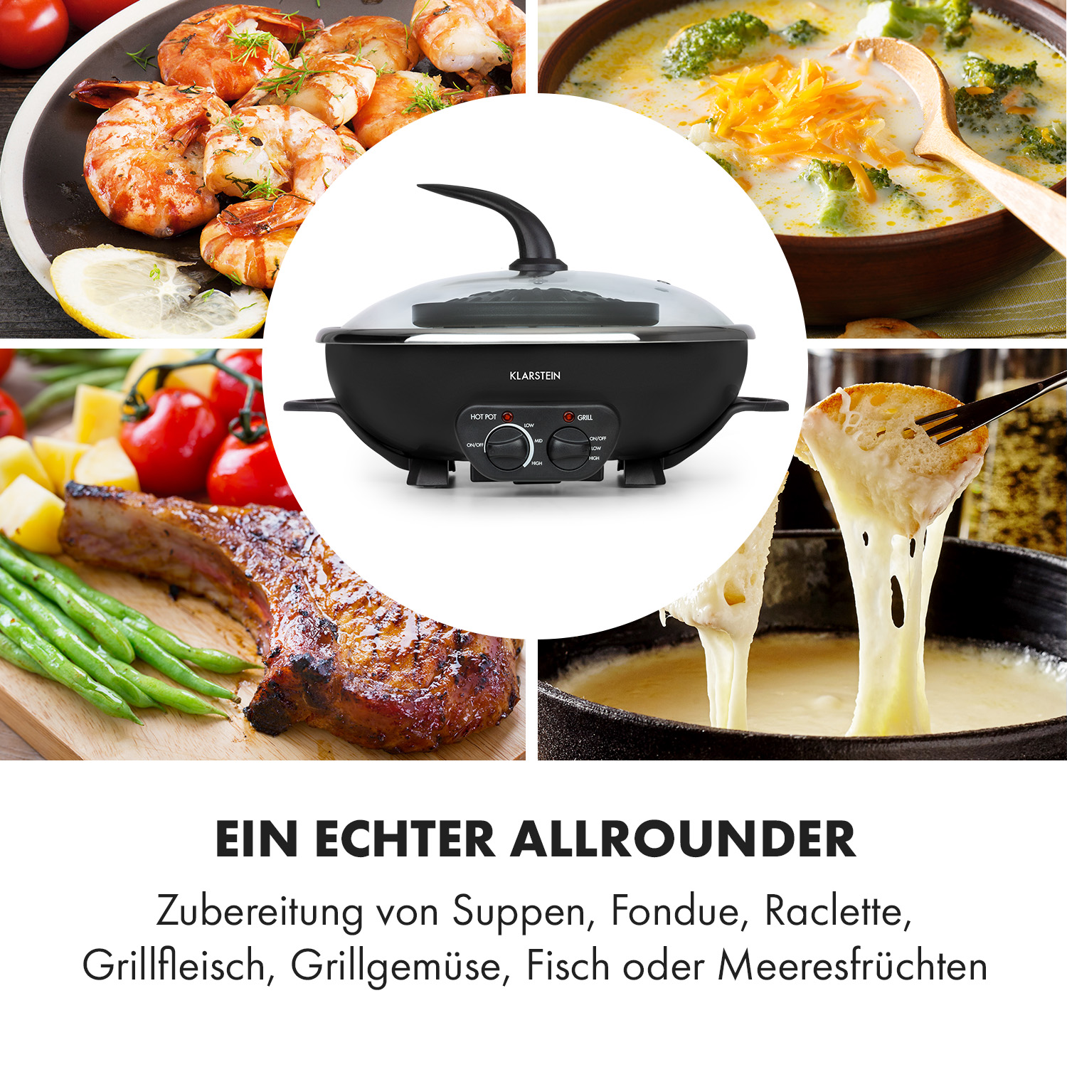 Collage von Lebensmitteln, darunter Garnelen, Suppe, Grillfleisch und Fondue, mit einem Hot Pot.