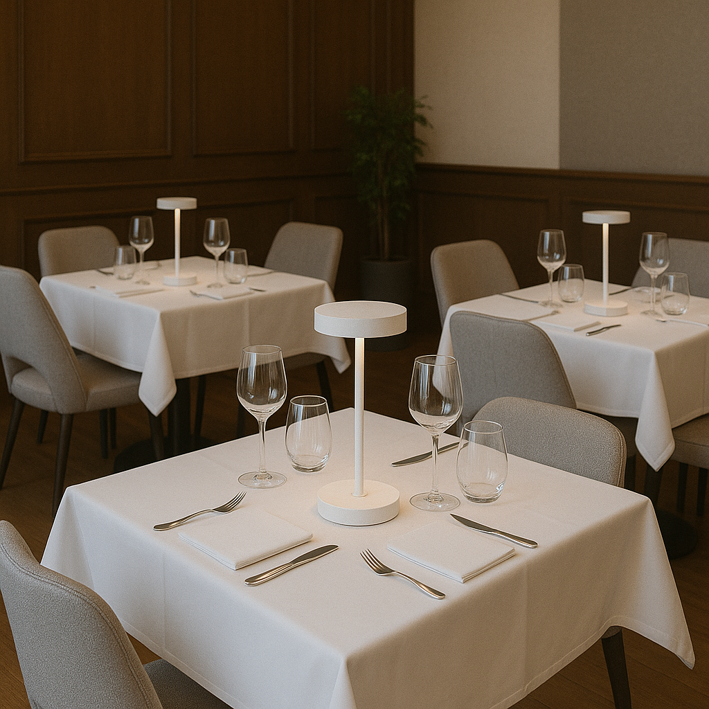 Restauranttische mit weißen Tischdecken, Gläsern und Besteck. Jeder Tisch hat eine kleine Lampe.