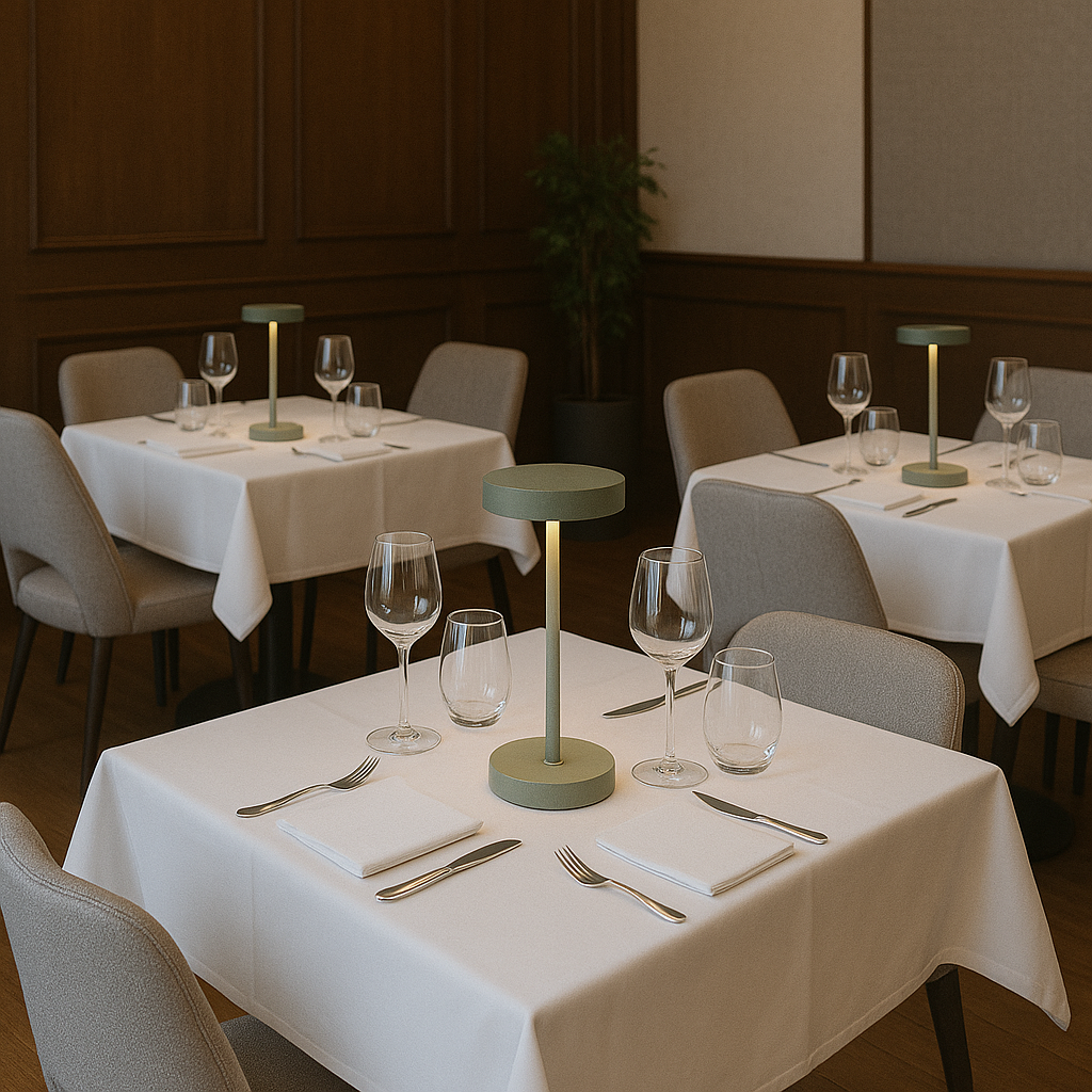 Restauranttische mit weißen Tischdecken, Gläsern, Besteck und einer grünen Lampe auf jedem Tisch.