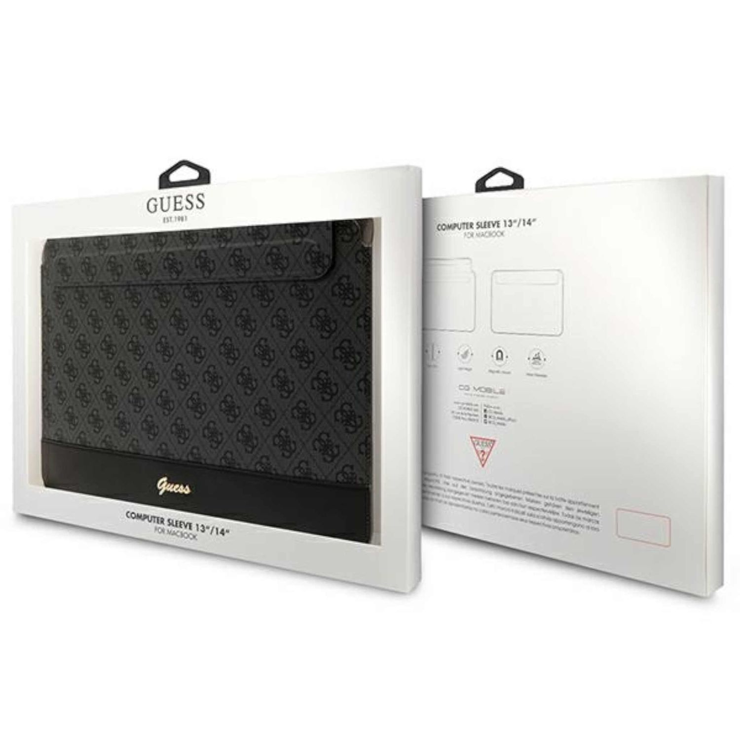 Custodia per laptop Guess nella confezione. Motivo ripetuto. Nero e grigio. Sfondo bianco.