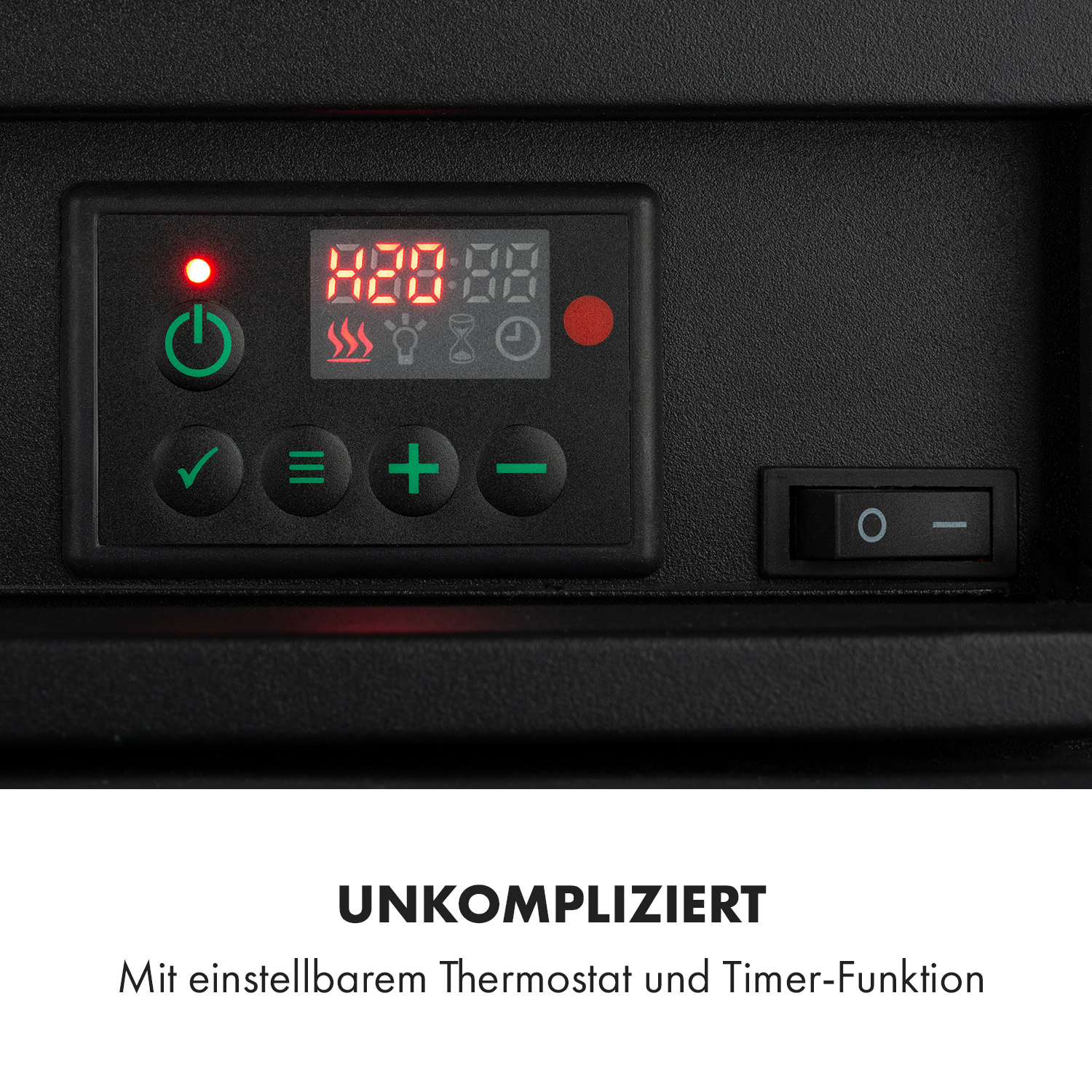 Schwarzes Bedienfeld mit Knöpfen und Anzeige, die Zahlen zeigt. Ein Schalter ist seitlich.