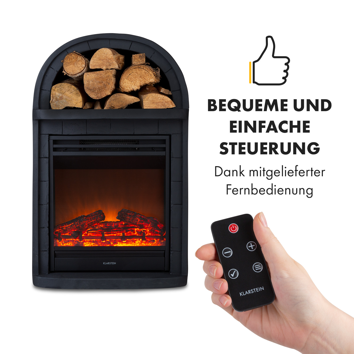 Elektrischer Kamin mit Holzscheiten und Flammen, gesteuert durch Fernbedienung. Hand mit Daumen hoch.