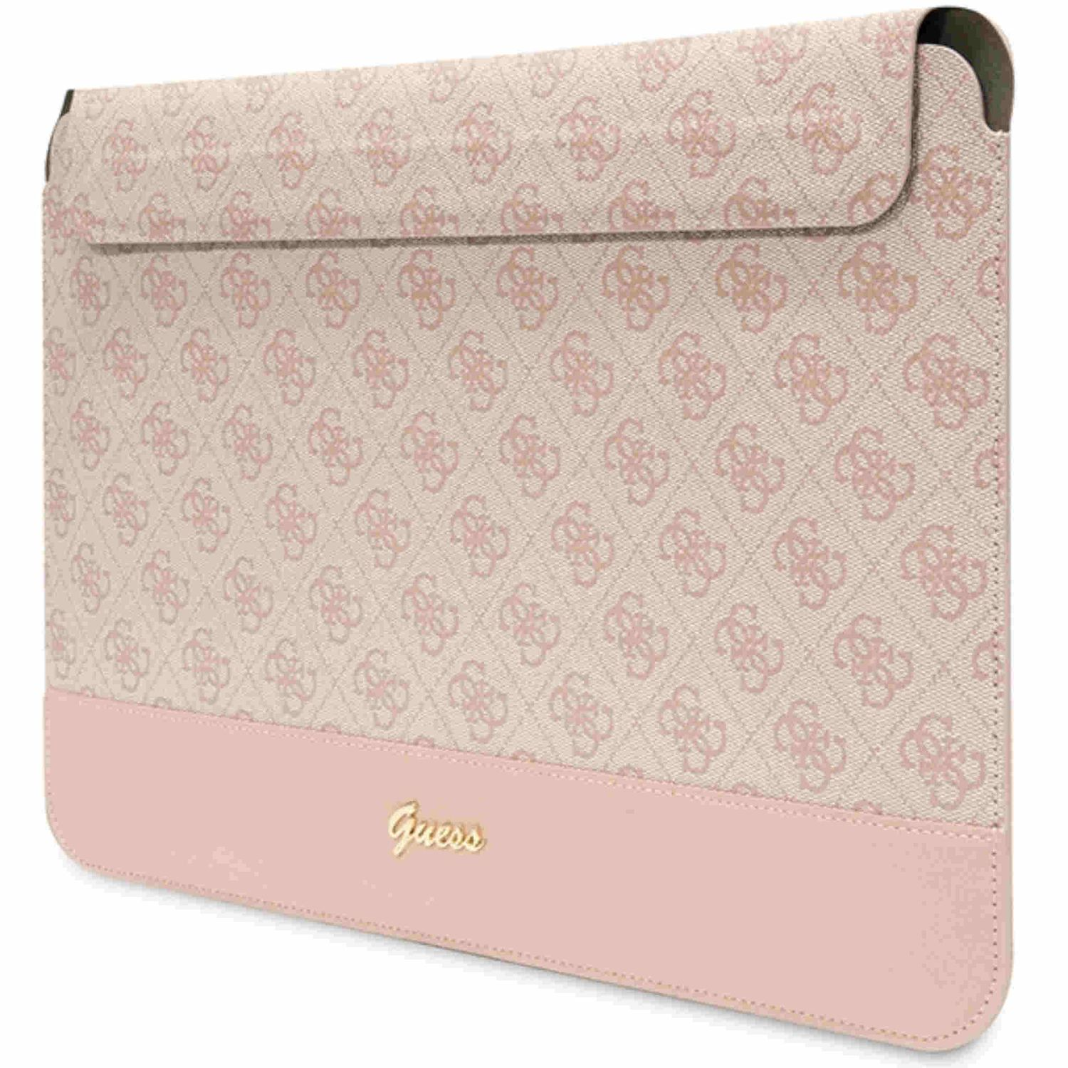 Custodia per laptop beige con fondo rosa. Motivo floreale ripetuto con il marchio Guess.