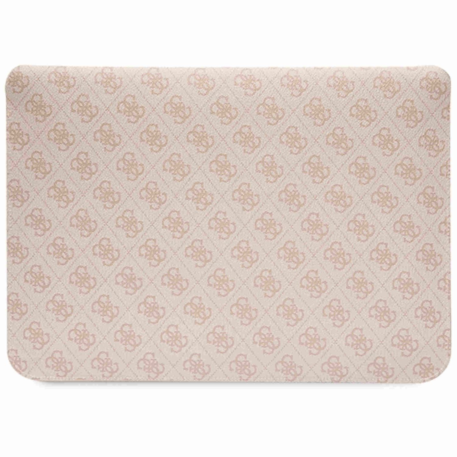 Custodia per laptop beige fantasia, con motivi floreali ripetuti. Ha angoli arrotondati.