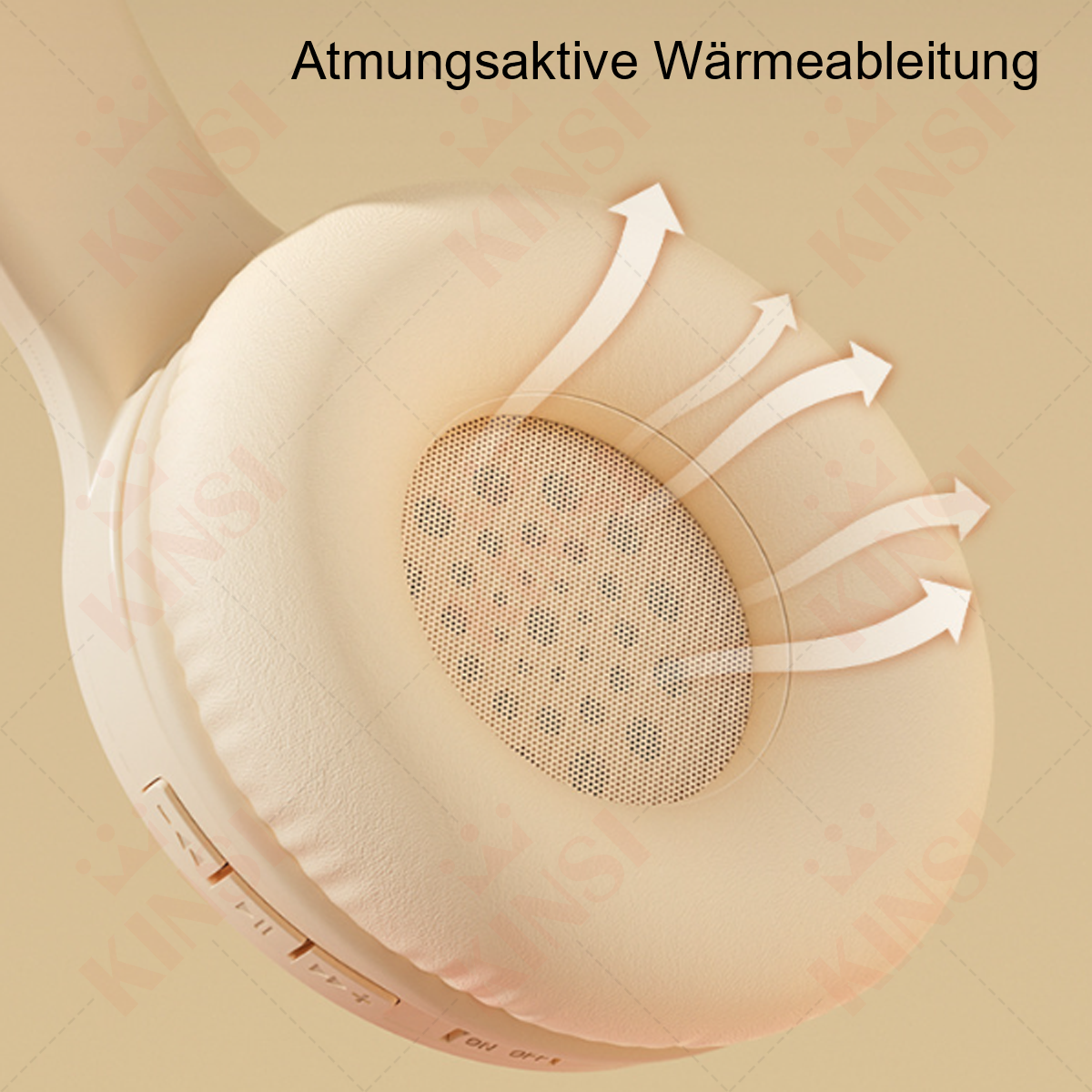 Nahaufnahme einer beigen Kopfhörer-Ohrmuschel mit weißen Pfeilen und Text: Atmungsaktive Wärmeableitung.