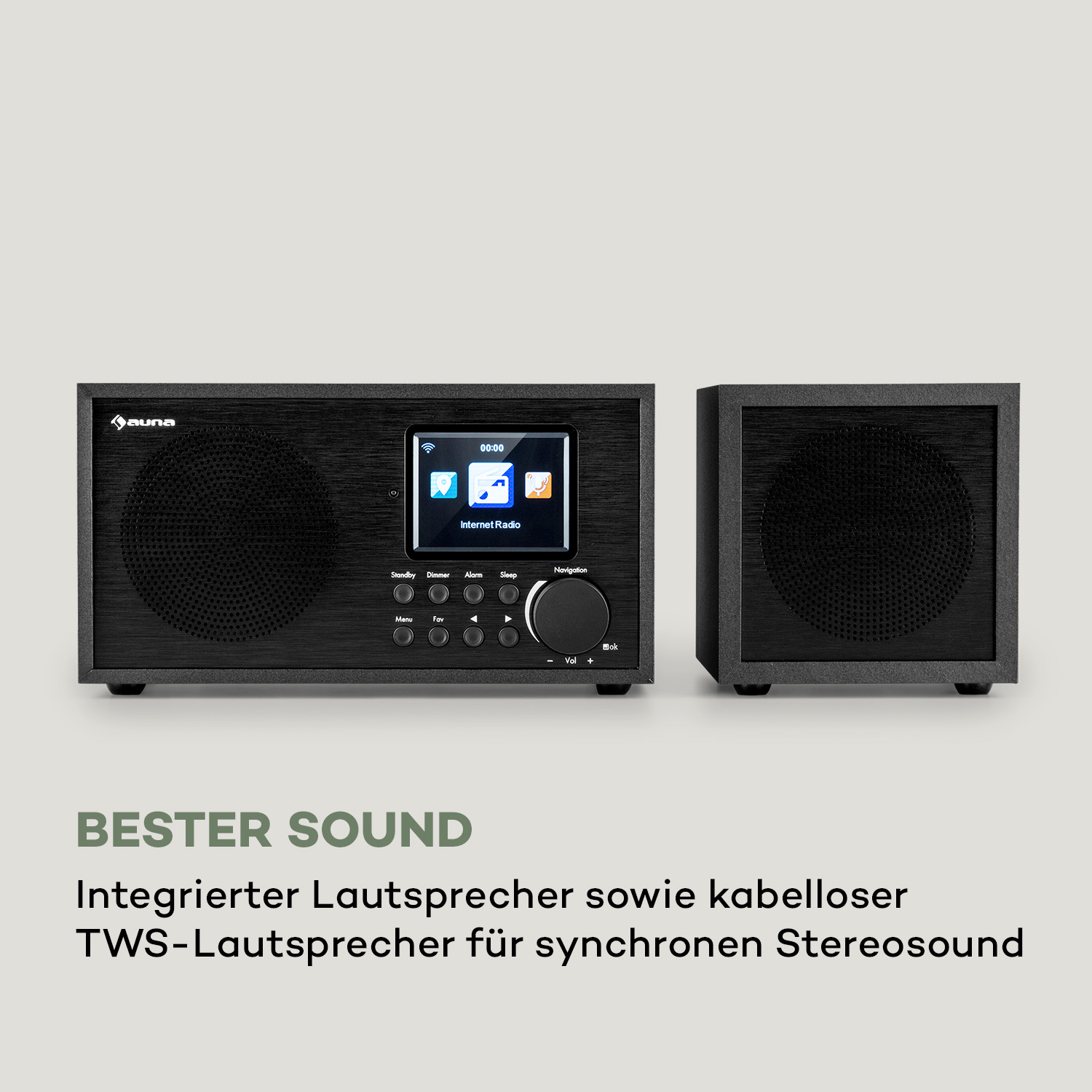Ein schwarzes Internetradio mit Bildschirm und separatem Lautsprecher.