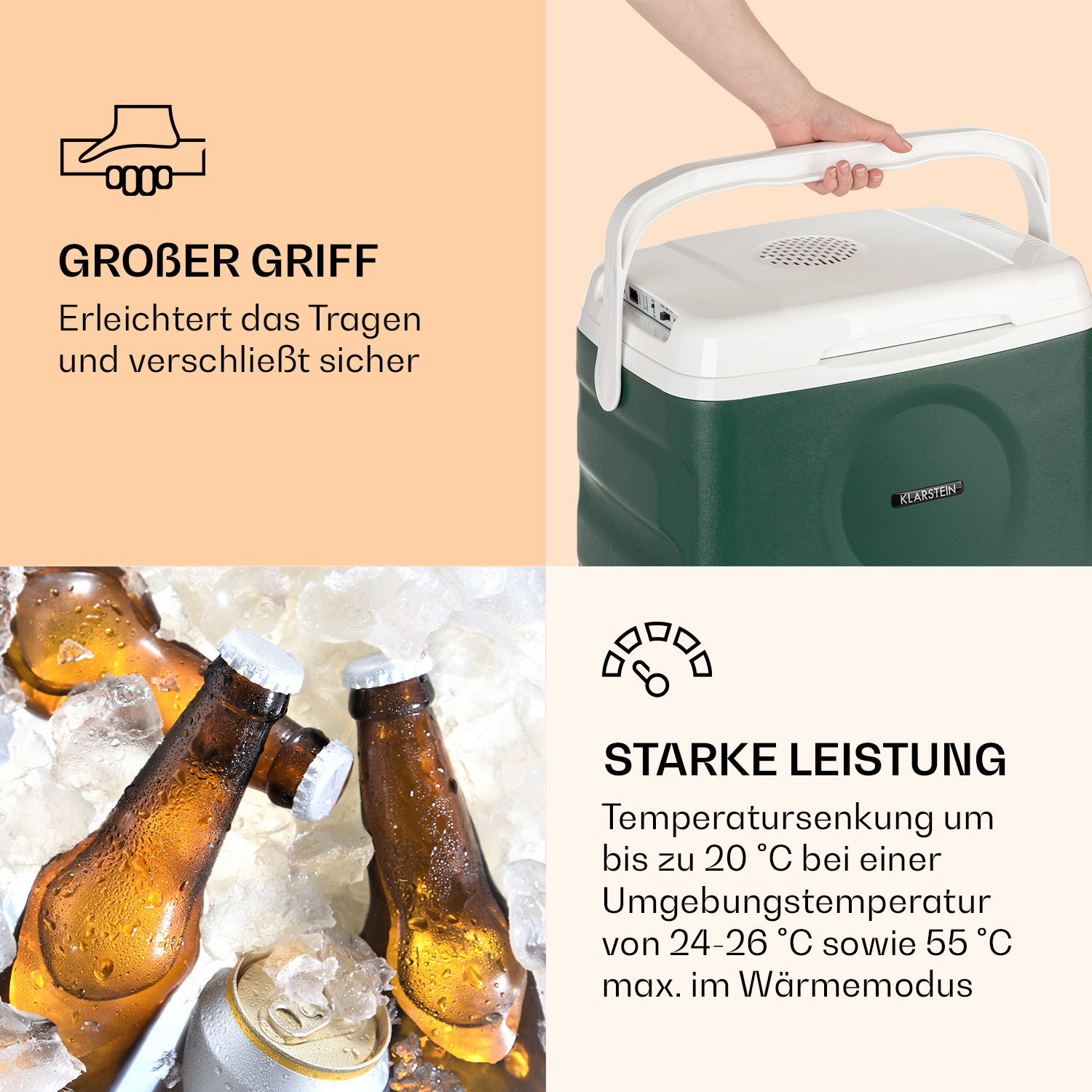 Nevera verde con cerveza y hielo. Texto sobre transporte y rendimiento de enfriamiento.