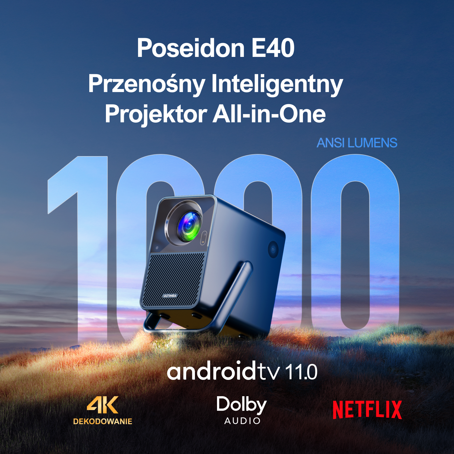 Czarno-niebieski projektor jest wyświetlany ze szczegółami na temat Android TV 11.0, Dolby Audio i logo Netflix.