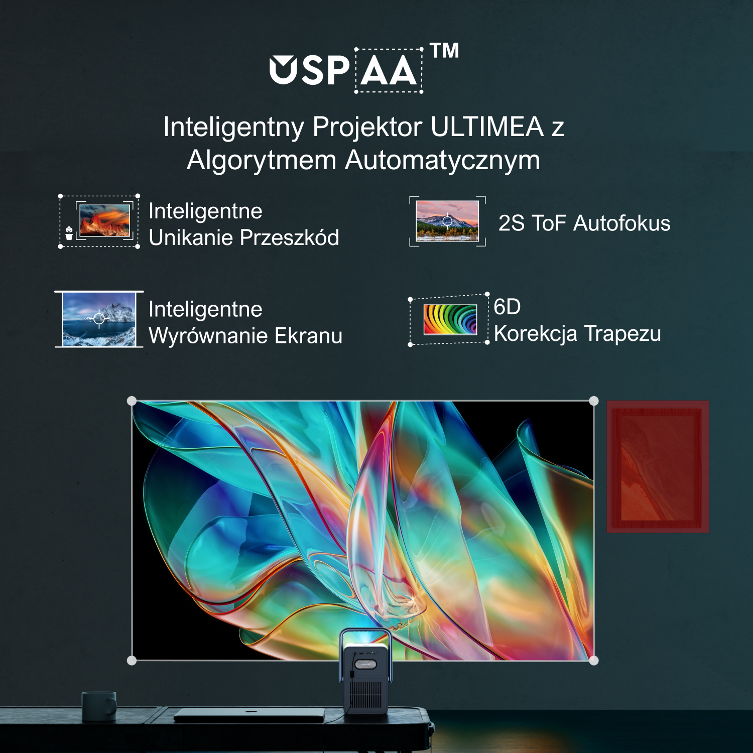 Projektor wyświetla na ekranie, pokazując funkcje projektora.