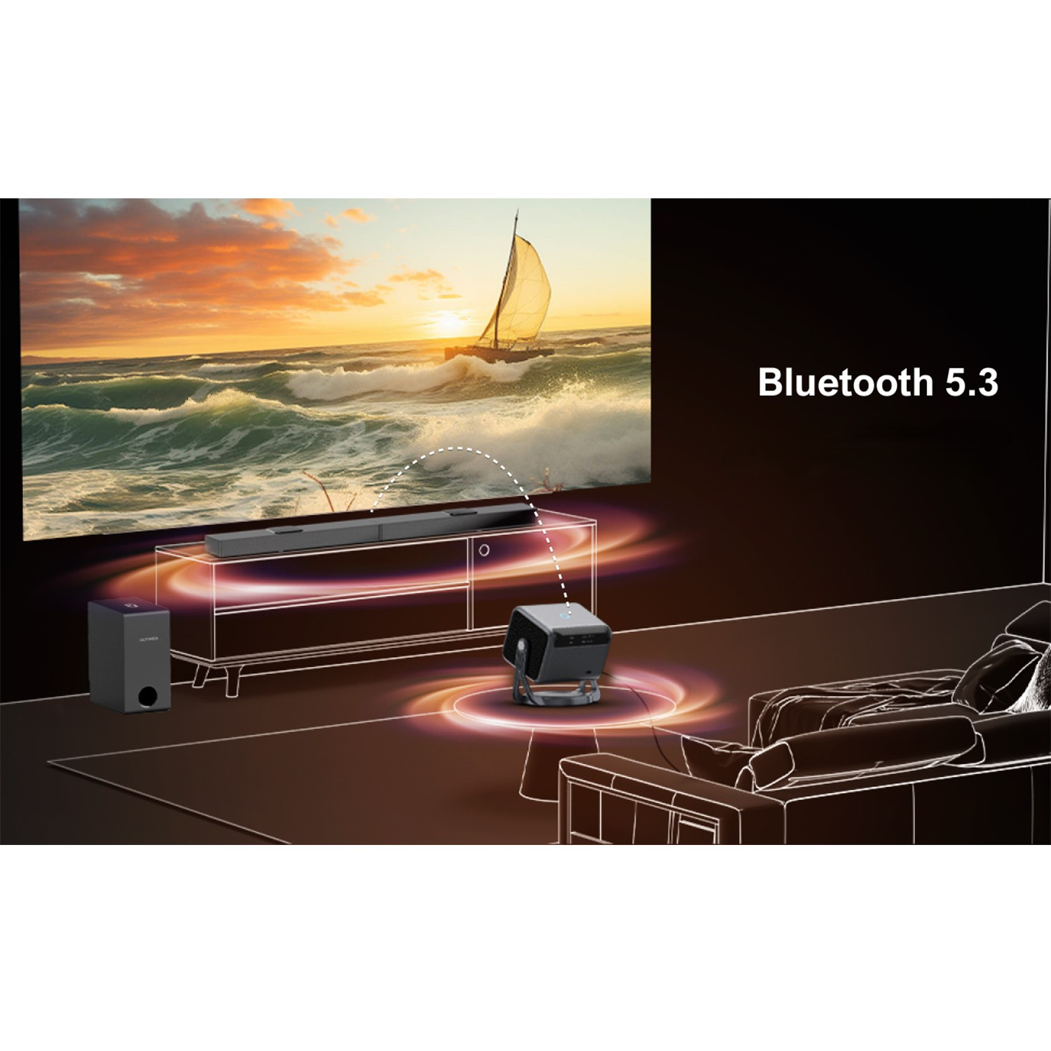 Projecteur affiche un voilier sur une mer au coucher du soleil. La pièce a une barre de son, un caisson de basses et texte 'Bluetooth 5.3'.