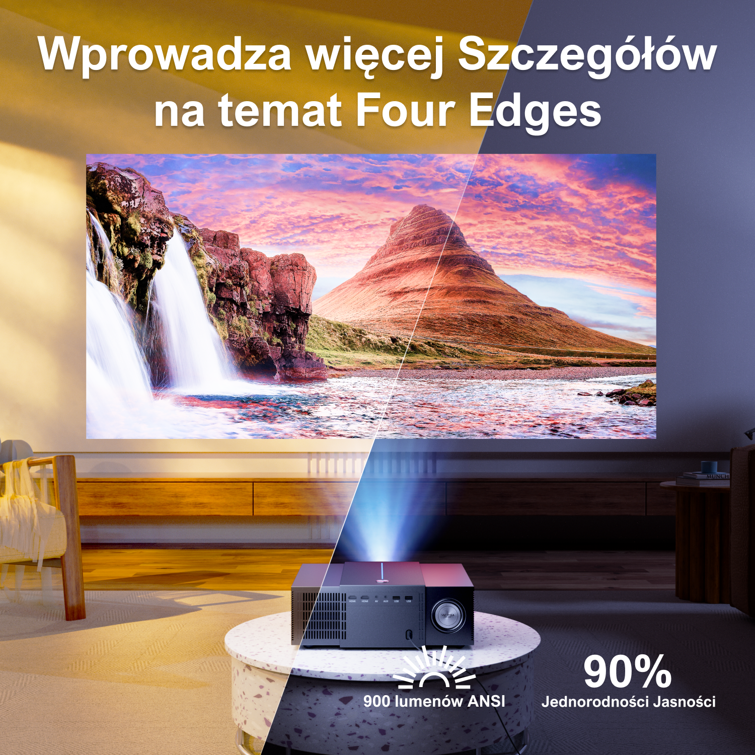 Projektor wyświetlający obraz wodospadu na ekranie, z informacjami o funkcji 'Four Edges'.