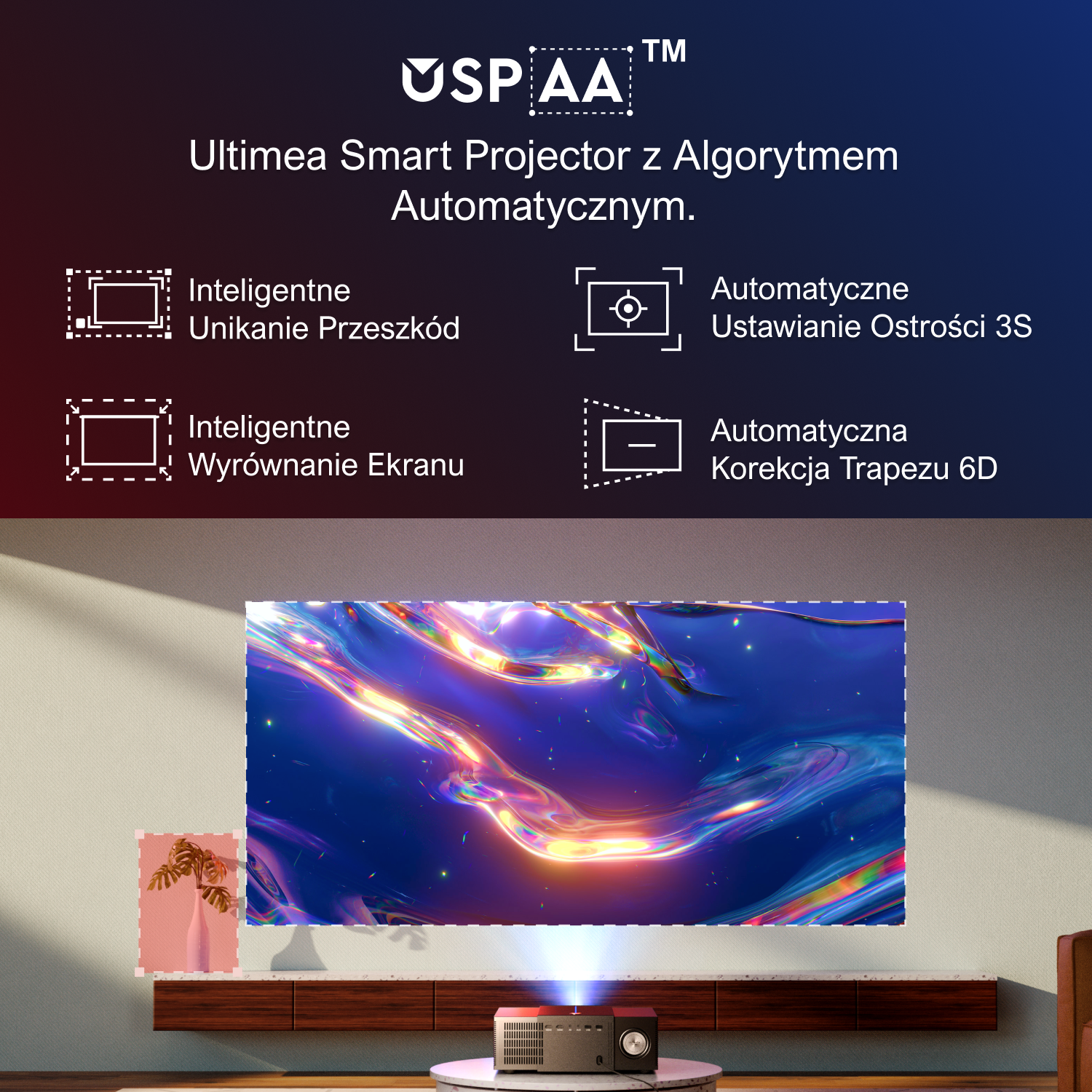 Projektor prezentujący inteligentne funkcje, takie jak unikanie przeszkód, automatyczne ustawianie ostrości i wyrównywanie ekranu.