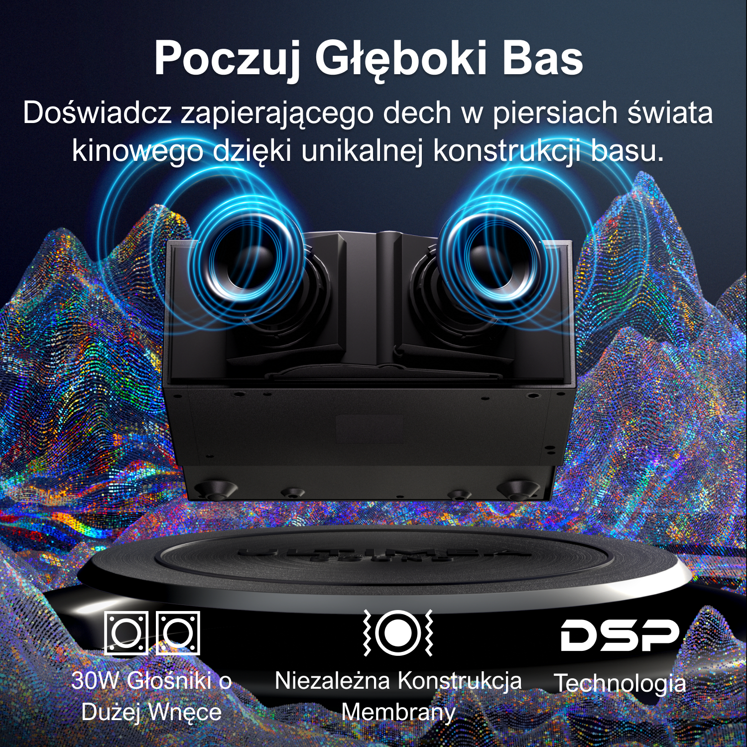 Obraz subwoofera z głośnikami i technologią DSP. Znajduje się na okrągłej platformie z tekstem poniżej.